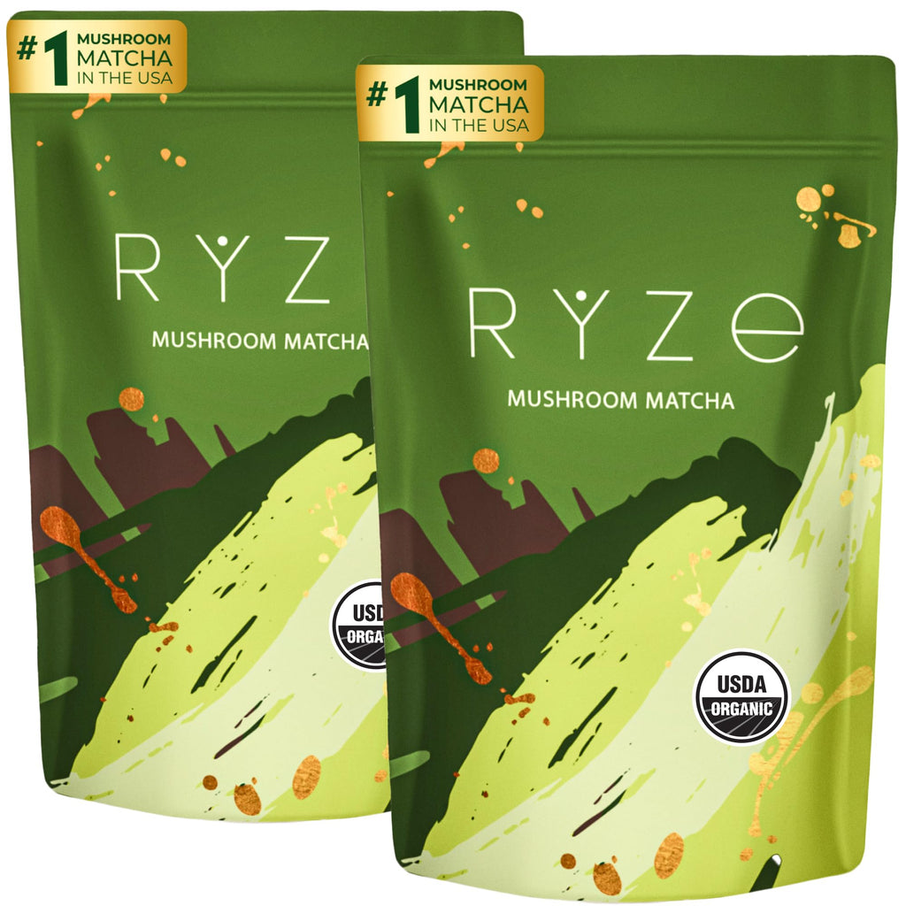 RYZE SUPERFOODS Mushroom Matcha Starter Kit, USDA Organic with 6 Adaptogenic Mushrooms and Ceremonial-Grade Matcha, Energy, Focus, Digestion, Immunity with Turkey Tail, Shiitake, Reishi (Matcha (Pack of 1))