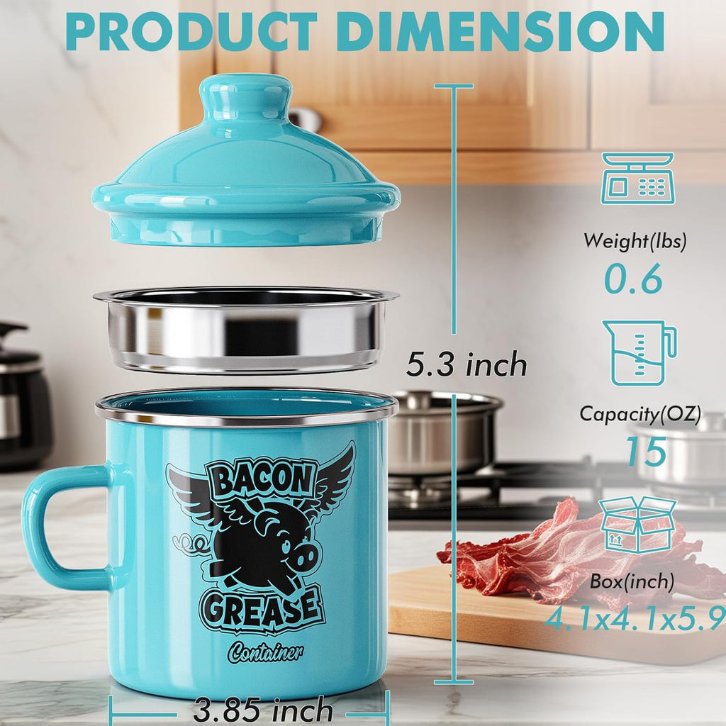 PGYARD Mini Bacon Grease Container With Strainer - 15OZ Farmhouse Enamel Grease Saver, Fat Storage For Kitchen, Dishwasher Safe-Light Blue