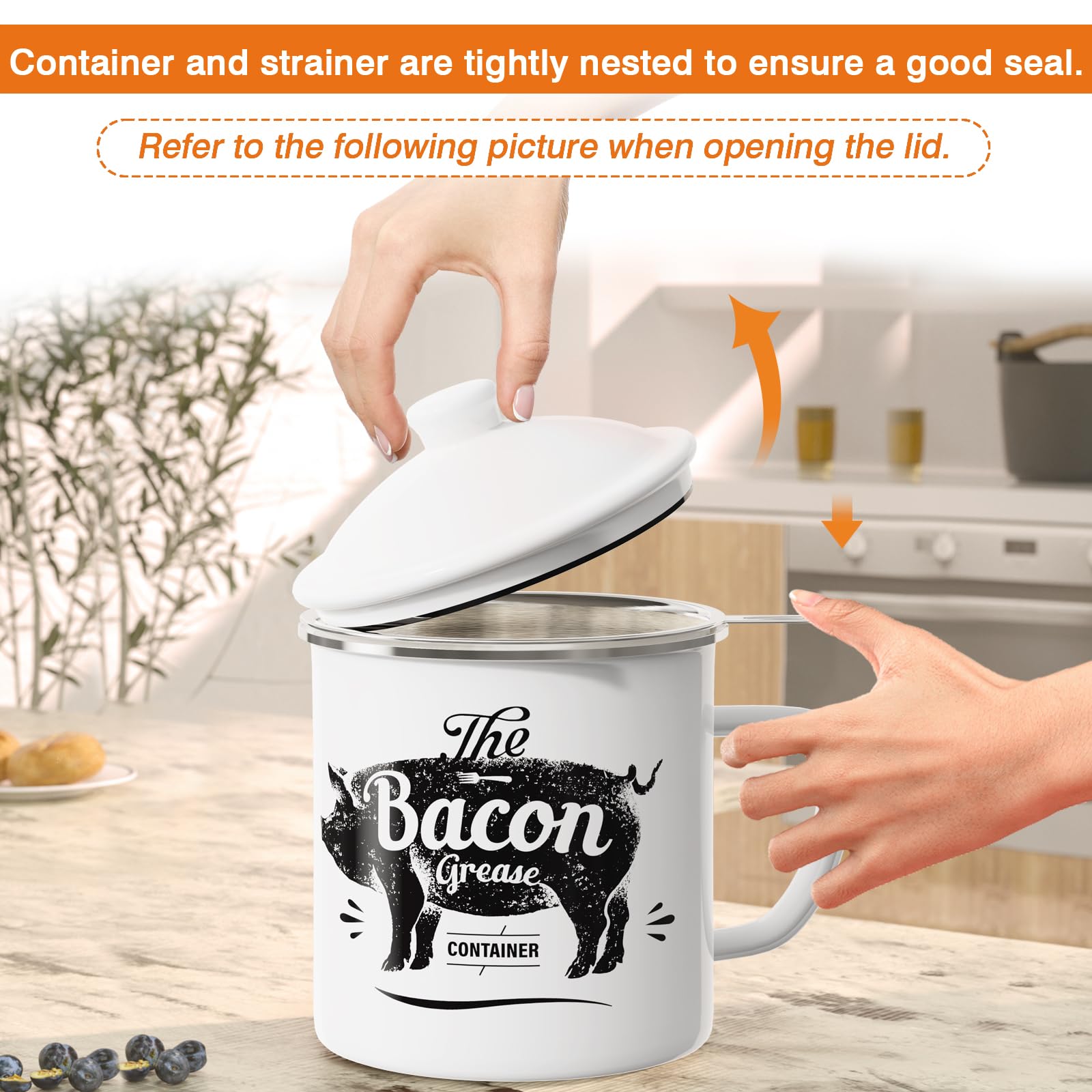 PGYARD Mini Bacon Grease Container With Strainer - 15OZ Enamel Grease Saver, Farmhouse Bacon Grease Keeper For Kitchen Fat Storage, Dishwasher Safe-Red