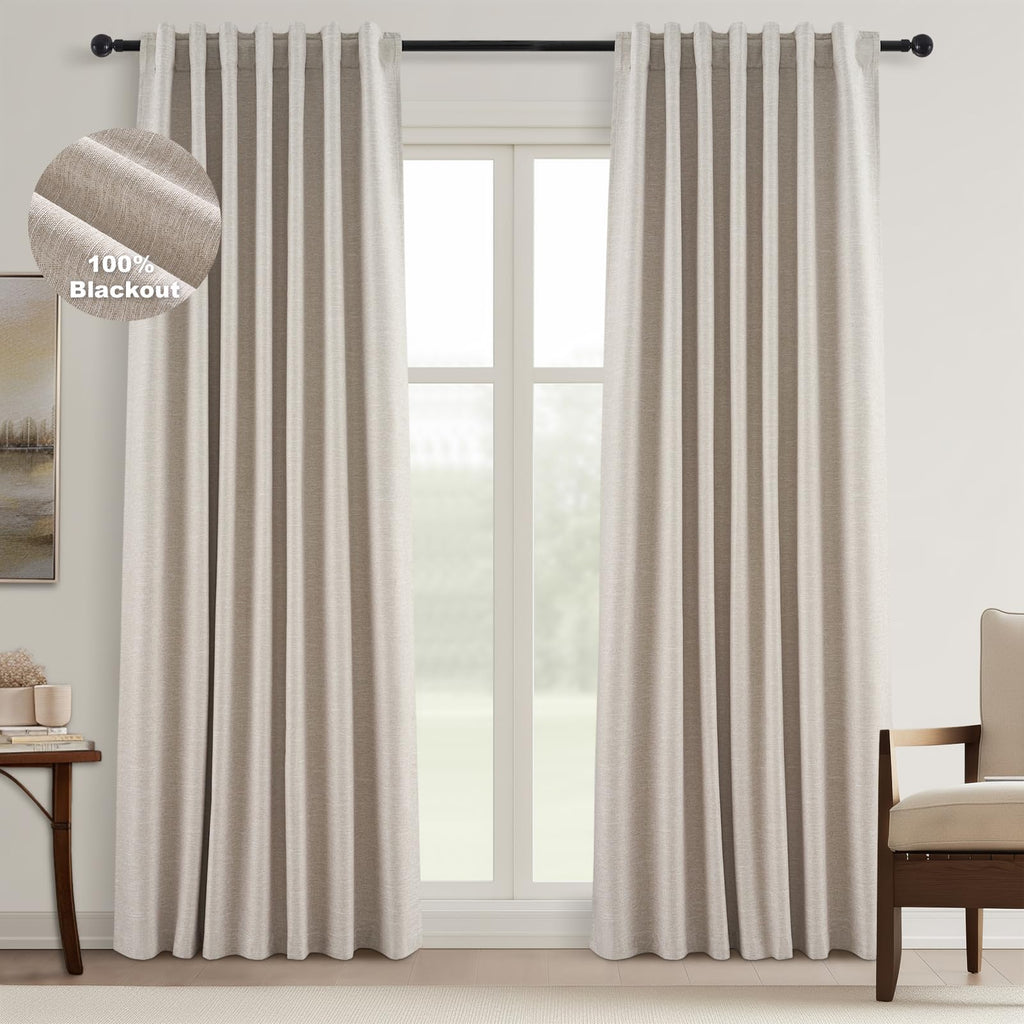 Topfinel Cream Linen Blackout Curtains 84 Inch Long for Bedroom Living Room, Ivory Pinch Pleat Back Tab Full Blackout Drapes Farmhouse Boho Curtains for Window, White Neutral Curtains 52" X 84" 7 FT