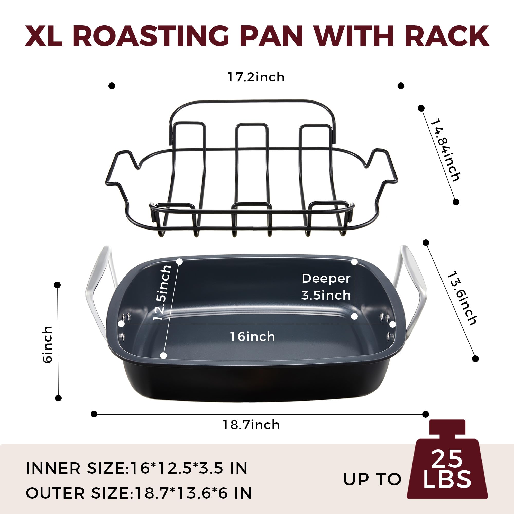 HONGBAKE Ceramic Coated Nonstick Large Turkey Roasting Pan with Rack (U-Shaped), 18.7×13.6 Inch Deep Roaster Pan for 25 lb Turkey & Chicken, Wider Handles, Non Toxic, PFOA & PTFE-Free, Cream & Gray