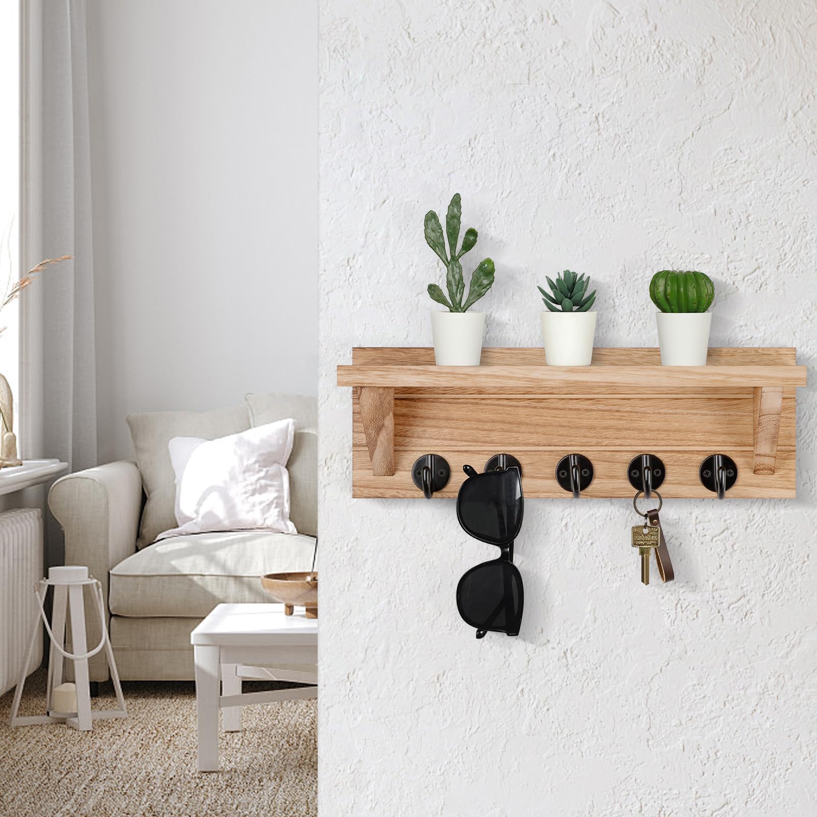 Wall Key Holder with Shelf, Rustic Shelf with Hooks Made of Paulownia Wood Holds Keys, Dog Leash, Bags and More - 13.7" W x 4.7" H x 3.5" D Decorative Key Hanger and Entryway Shelf (Gray)
