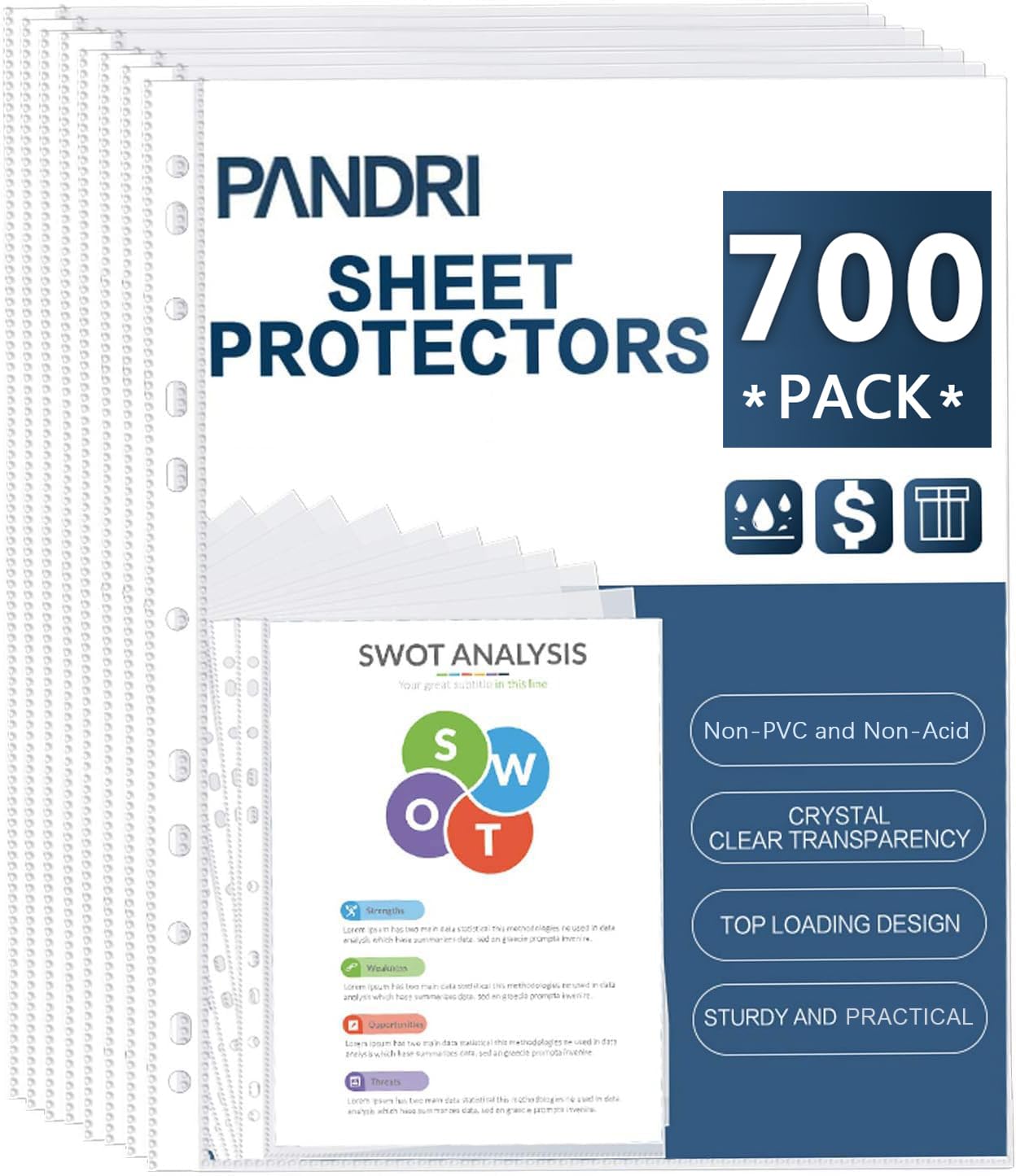 Sheet Protectors, PANDRI 600 Pack Clear Heavy Duty Plastic Page Protectors Sheet Reinforced 11-Hole Fit for 3 Ring Binder Fits Standard 8.5 x 11 Paper, 9.25 x 11.25 Top Loaded, Excluding Acid