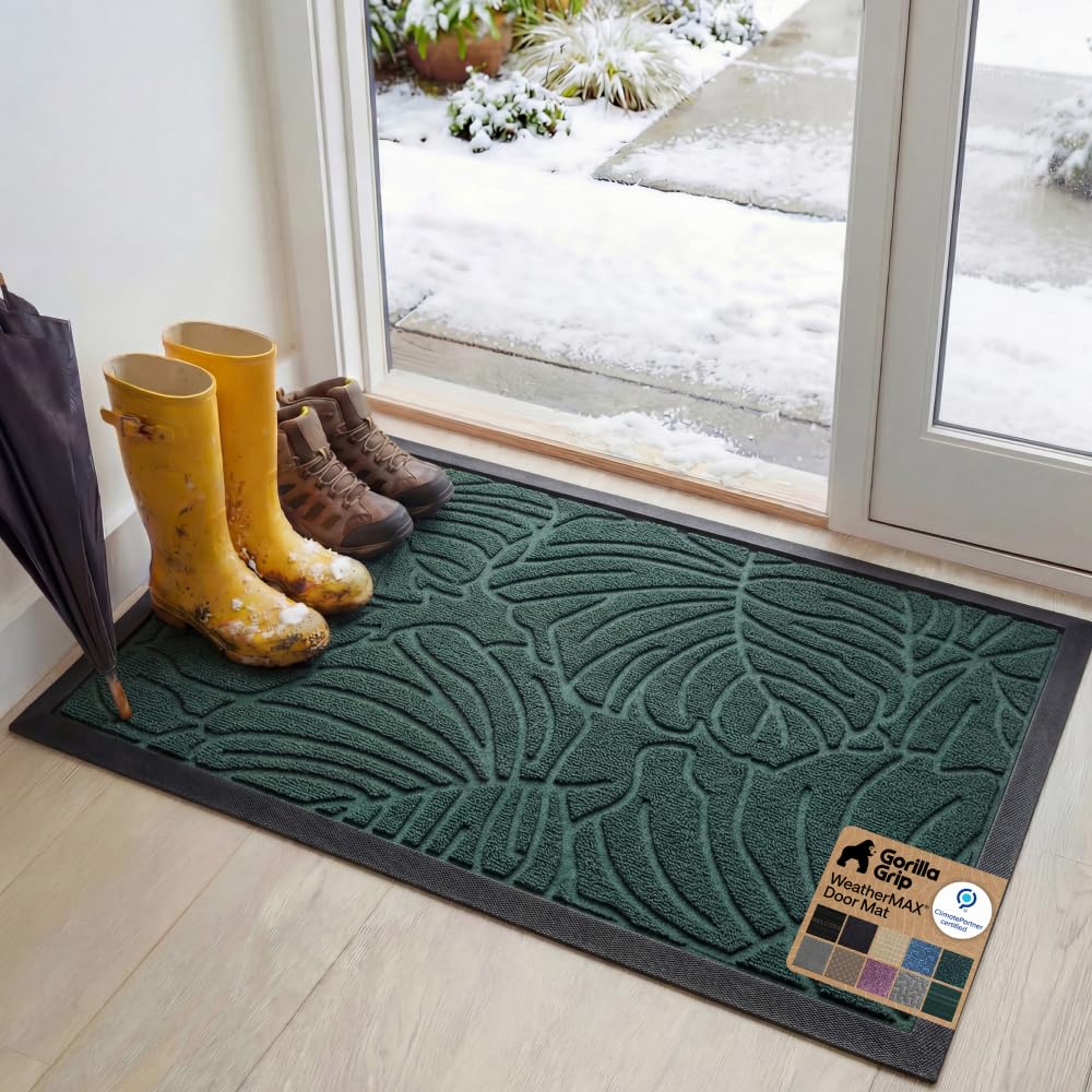 GORILLA GRIP 100% Waterproof All-Season WeatherMAX Doormat US Designed Natural Rubber, Stain Fade Resistant, Low Profile Indoor Outdoor Front Door Mats Outside Entrance, Easy Clean 29x17 Gray Diamond