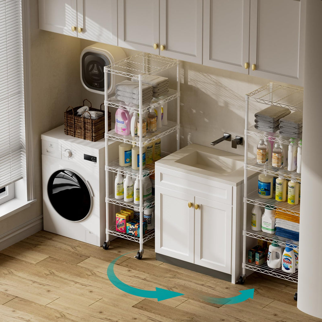 SINGAYE 3 Small Shelves Storage Shelf Wire Shelving Unit Metal Shelf Adjustable Organizers Storage Shelving with Wheels for Bathroom Laundry Room Kitchen Pantry11.5”D x 17.5”W x 30.5”H White
