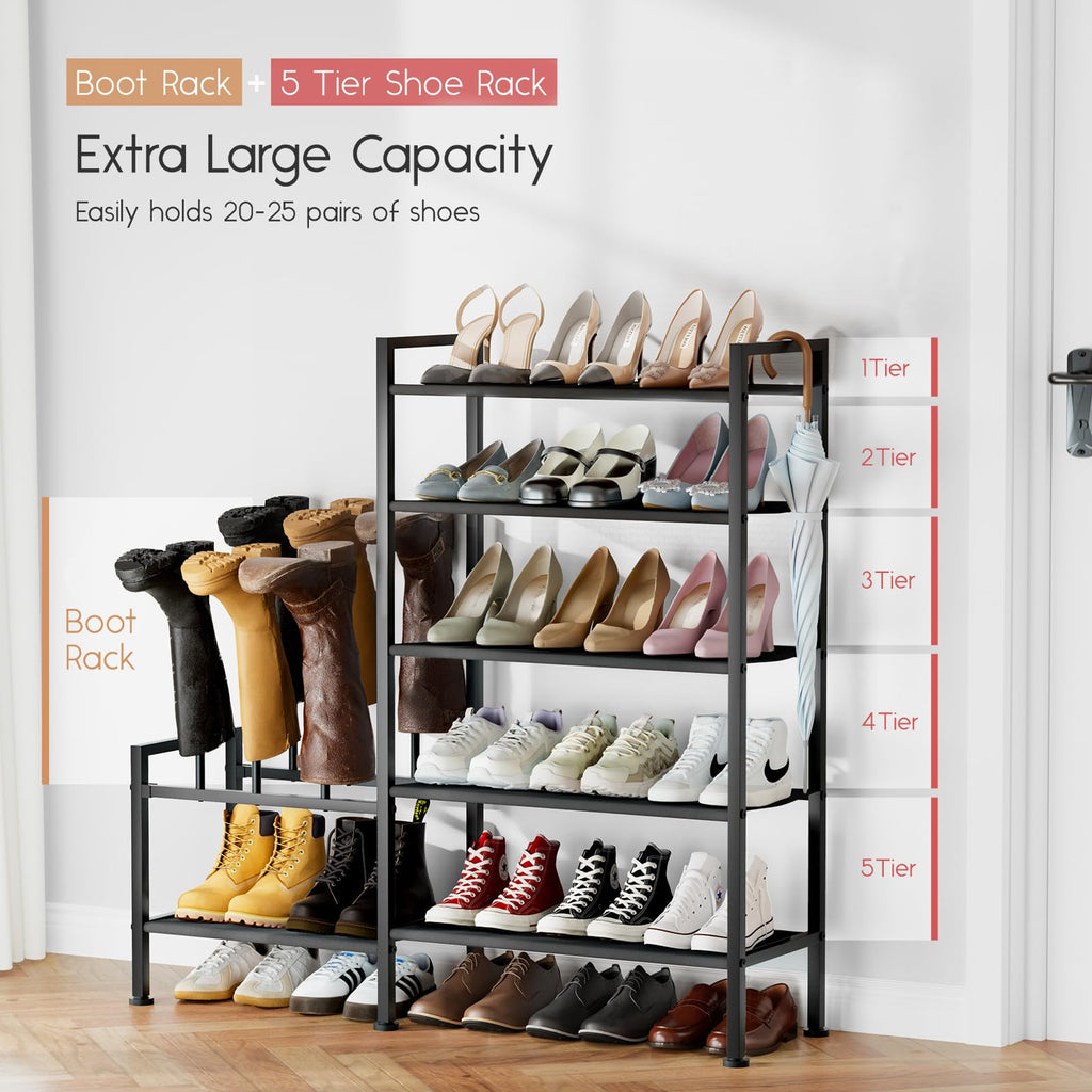 Homsorout Shoe Rack Organizer and Storage - 5 Tier Metal+Non-Woven Fabric Shoe Rack with Boot Storage & Side Any Combination - Space Saving Shoe Shelf for Entryway, Bedroom, Garage, Small Spaces