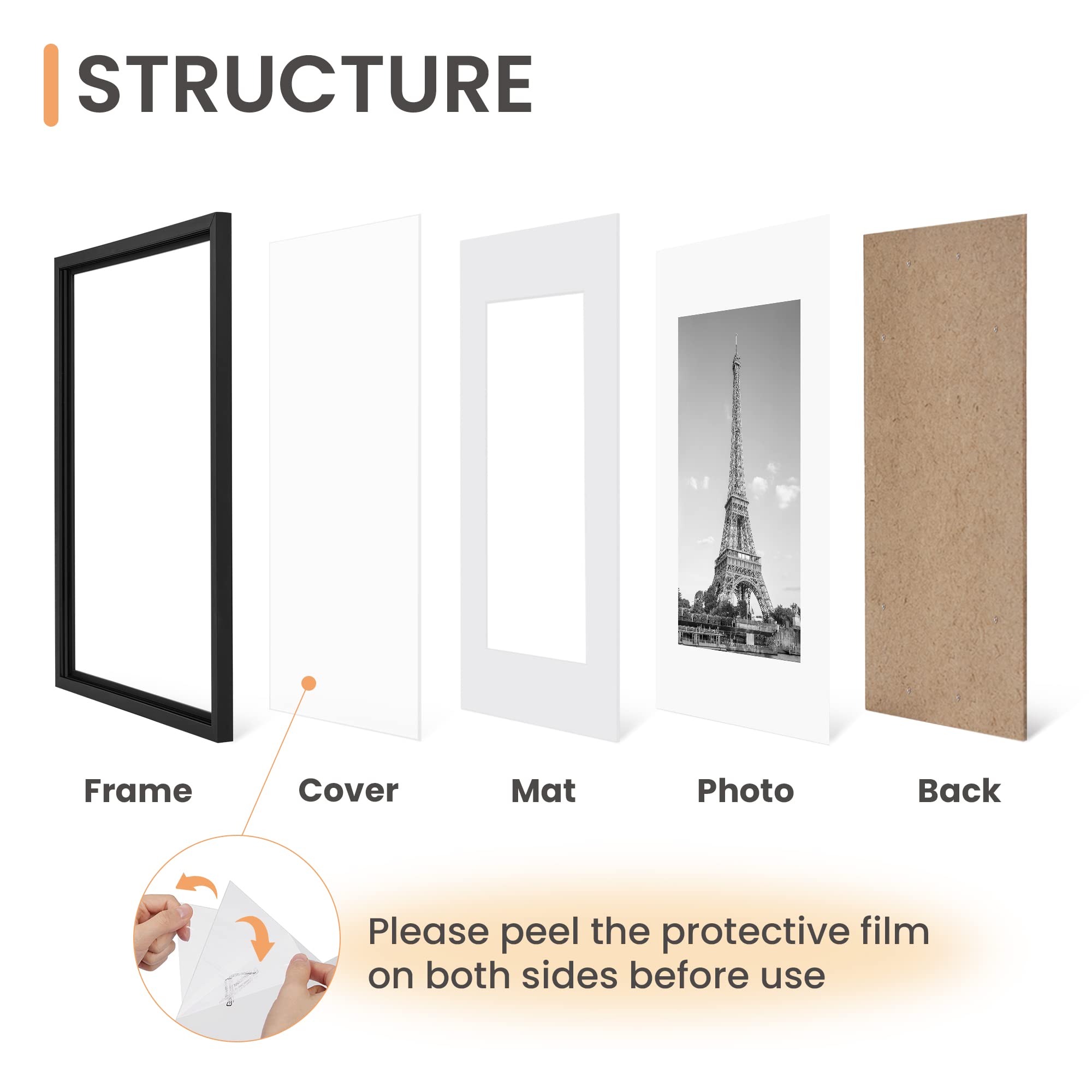upsimples 8x10 Picture Frame Set of 5, Display Pictures 5x7 with Mat or 8 x 10 Without, Wall Gallery Photo Frames, Black