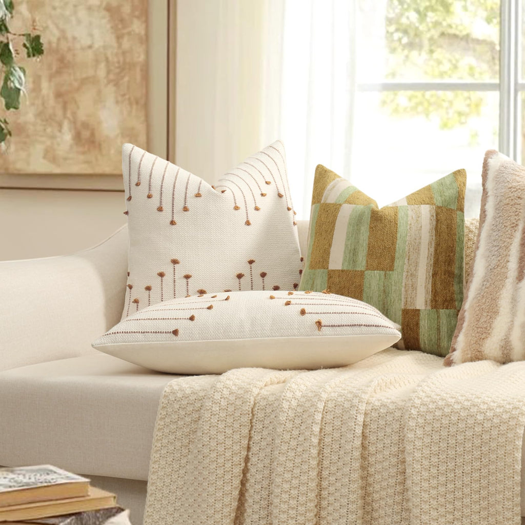 Boho Outdoor Throw Pillow Covers 18x18 Set of 2 Neutral Woven Decorative Pillowcases Cotton Tufted Couch Pillows Modern Farmhouse Cushion Covers for Sofa Couch Bed Living Room Home Decor, Navy Blue