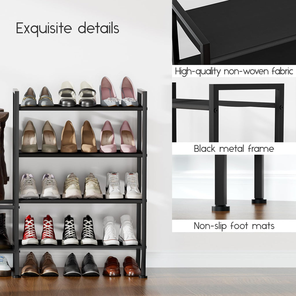 Homsorout Shoe Rack Organizer and Storage - 5 Tier Metal+Non-Woven Fabric Shoe Rack with Boot Storage & Side Any Combination - Space Saving Shoe Shelf for Entryway, Bedroom, Garage, Small Spaces