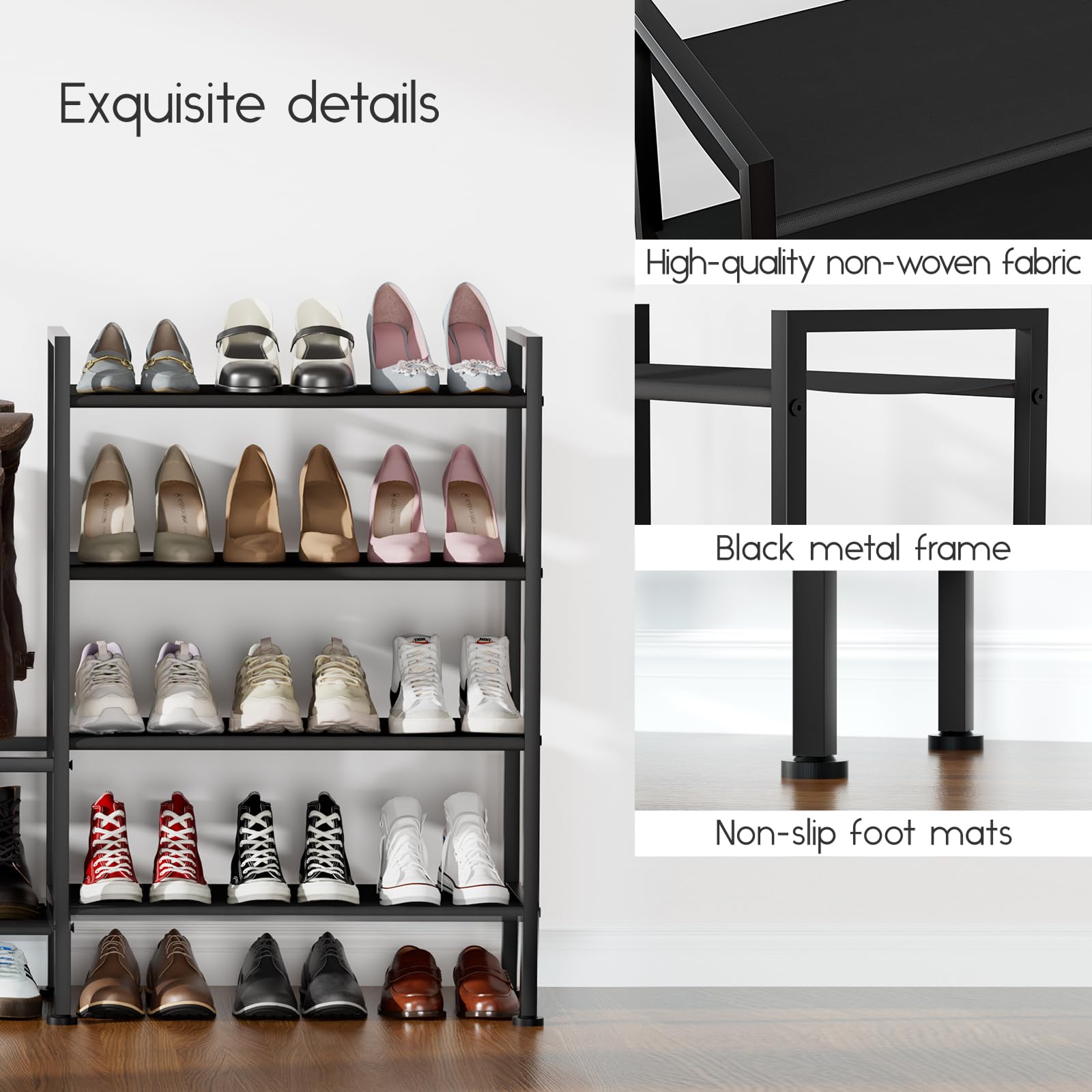 Homsorout Shoe Rack Organizer and Storage - 5 Tier Metal+Non-Woven Fabric Shoe Rack with Boot Storage & Side Any Combination - Space Saving Shoe Shelf for Entryway, Bedroom, Garage, Small Spaces