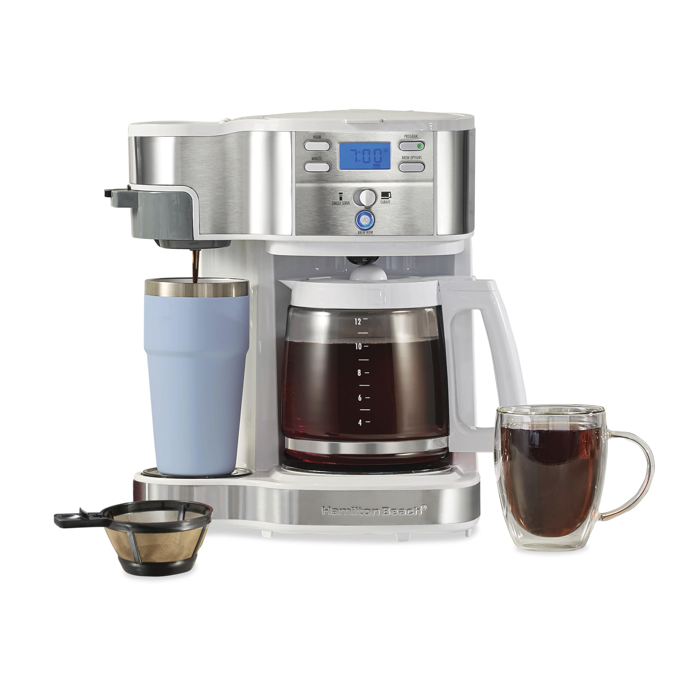 Hamilton Beach 2-Way Programmable Coffee Maker, 12 Cup Glass Carafe And Single Serve Coffee Maker, Black with Stainless Steel Accents, 49980RG