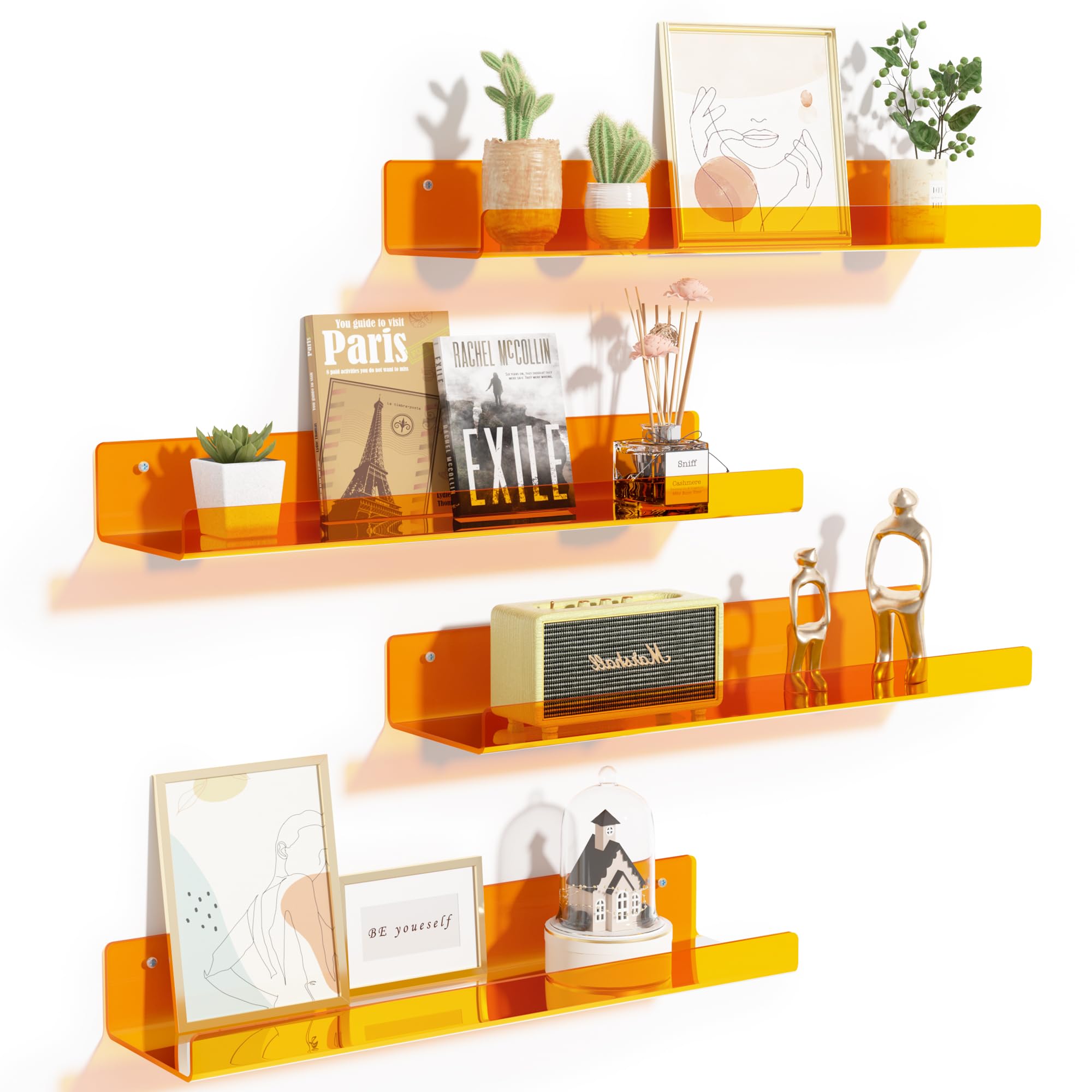 upsimples Acrylic Shelves for Bathroom Storage, 15" Floating Shelves Wall Organizer for Perfume, Make up, Skincare, Kids Bookshelf for Bedroom, Nursery, Living Room Decor, Clear, 4 Pack