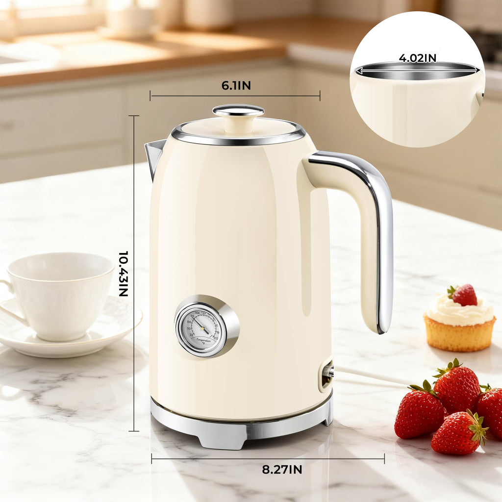 SUSTEAS Electric Kettle - 57oz Hot Tea Water Boiler with Thermometer, 1500W Fast Heating Stainless Steel Pot, Cordless LED Indicator, Auto Shut-Off & Boil Dry Protection, Retro Green