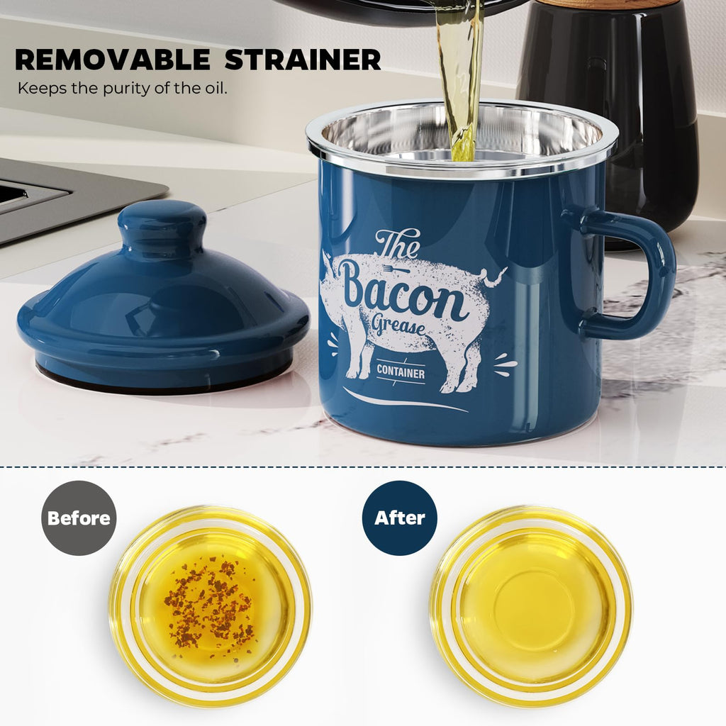 PGYARD Mini Bacon Grease Container With Strainer - 15OZ Enamel Grease Saver, Farmhouse Bacon Grease Keeper For Kitchen Fat Storage, Dishwasher Safe-Red
