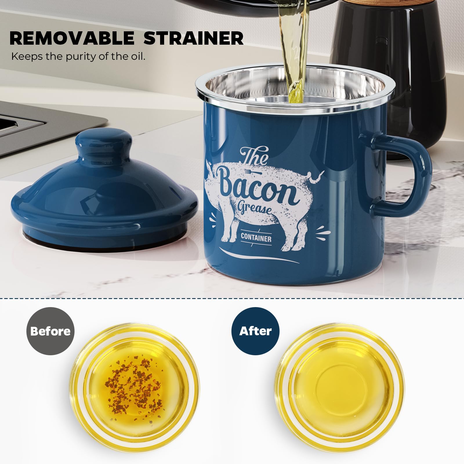 PGYARD Mini Bacon Grease Container With Strainer - 15OZ Enamel Grease Saver, Farmhouse Bacon Grease Keeper For Kitchen Fat Storage, Dishwasher Safe-Red