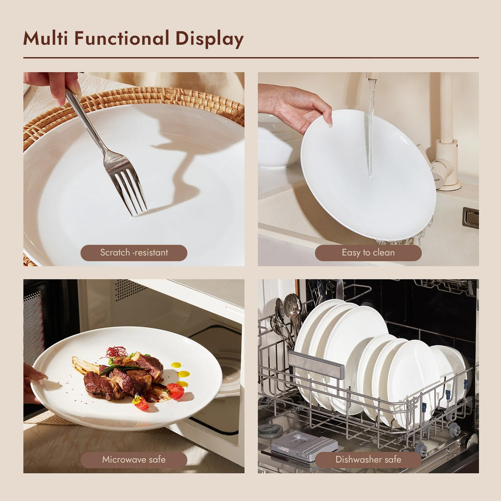 KINGSTONE 12-Piece Bone China Dinnerware Set for 4, Lightweight and Durable, Microwave and Dishwasher Safe, White Plates and Bowls for Everyday Use