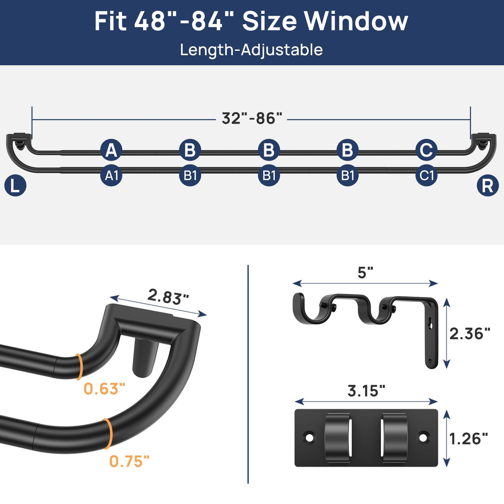 ENJOYBASICS Double Curtain Rod，Blackout Wrap-Around Curtain Rods for Windows 72 to 144 Inch，Adjustable from 32 to 144 Inch for Room Darkening Curtains, Matte Black