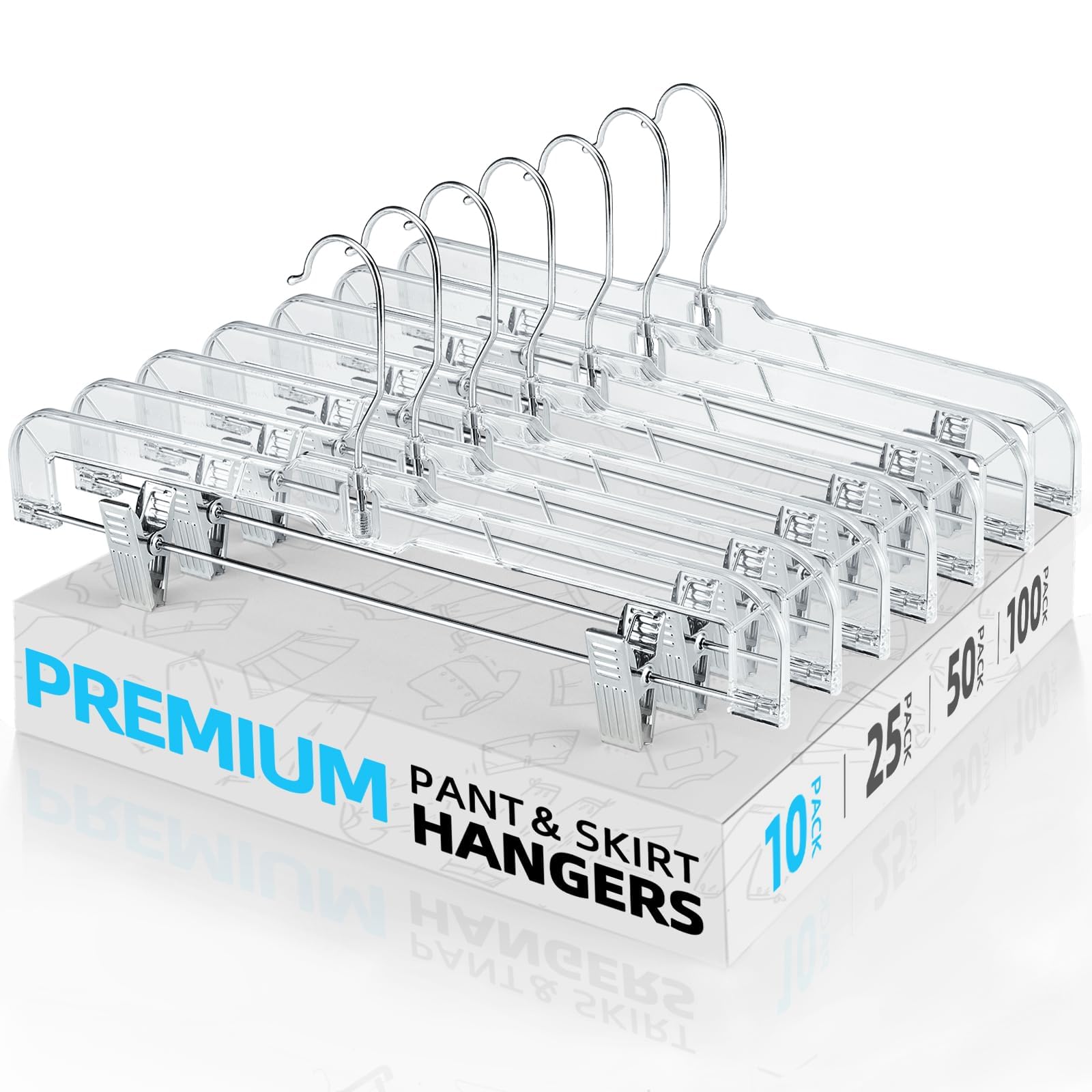 HOUSE DAY 50 Pack 14 inch Clear Plastic Pants Hangers with Clips, Skirt Hangers, Clip Hangers for Pants, Trouser Bulk Plastic Pant Hangers