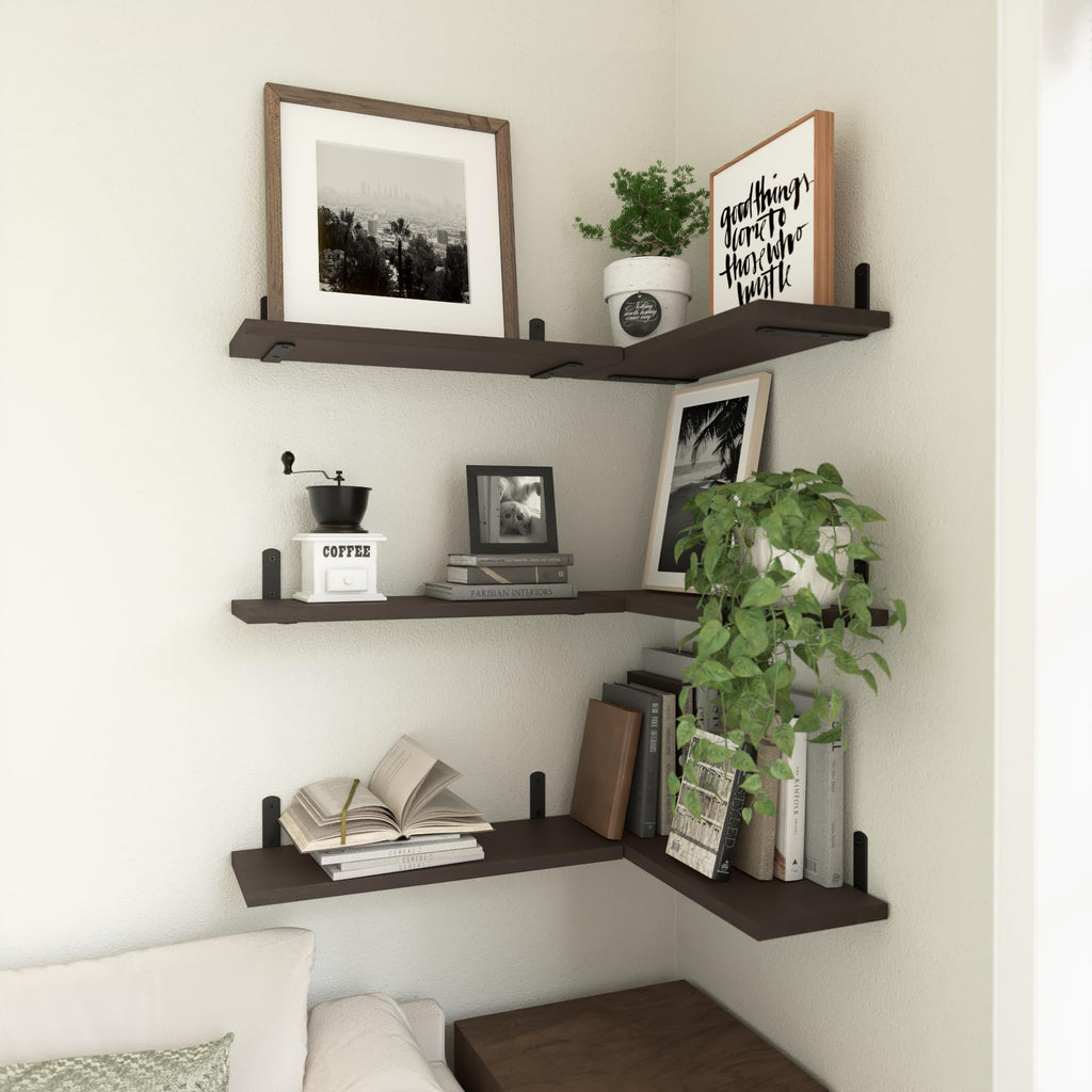 WOPITUES Wood Floating Shelves Set of 6, Shelves for Wall Decor, Farmhouse Shelf for Bedroom, Bathroom Storage Shelves, Book Shelves for Living Room - Rustic Brown