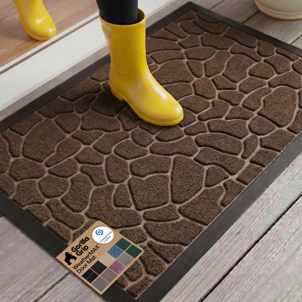 GORILLA GRIP 100% Waterproof All-Season WeatherMAX Doormat US Designed Natural Rubber, Stain Fade Resistant, Low Profile Indoor Outdoor Front Door Mats Outside Entrance, Easy Clean 29x17 Gray Diamond