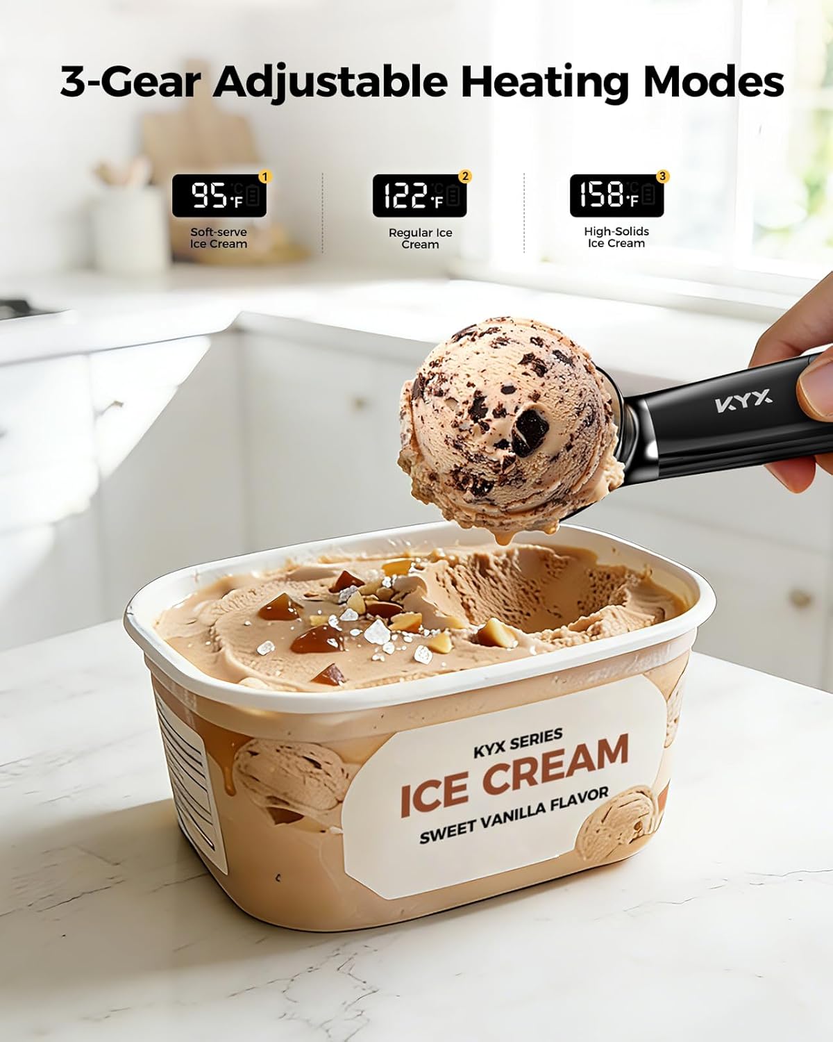 KYX Heated Ice Cream Scoop, Electric Ice Cream Scoop with 3 Temperature Settings, 3200mAh Battery, ON/OFF and LED Display, Ideal for Scooping Hard Ice Cream, Gelato & Frozen Desserts