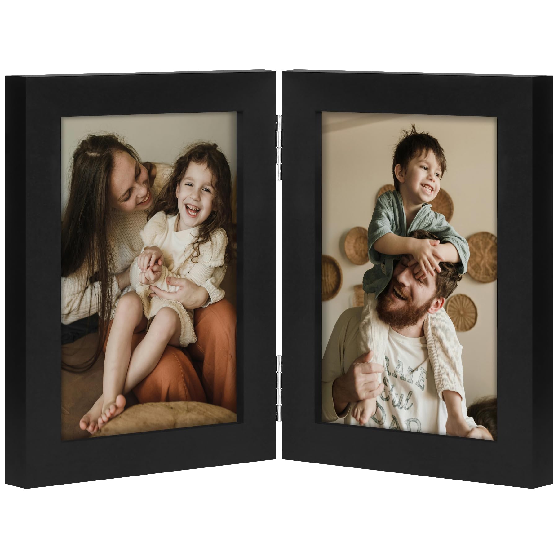 decorUhome Double 4x6 Picture Frame Vertical, Engineered Wood Bifold Photo Frame with Plexiglass for Tabletop Display, 4x6, Black