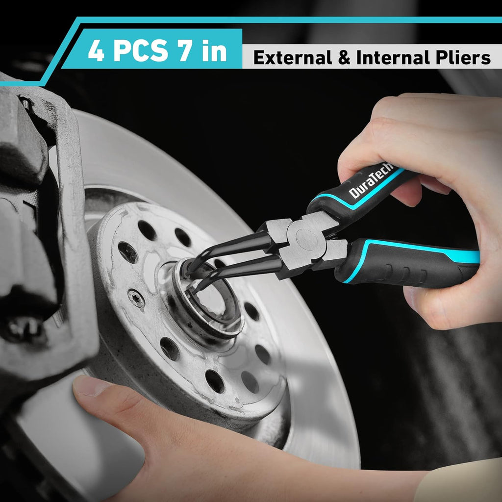 DuraTech 4 PCS Snap Ring Pliers Set, 7 Inch Heavy Duty Internal & External Circlip Pliers Kit with Straight/Bent Jaw, Premium CRV Steel, Precision Spring Loaded C Clip Pliers with Storage Pouch