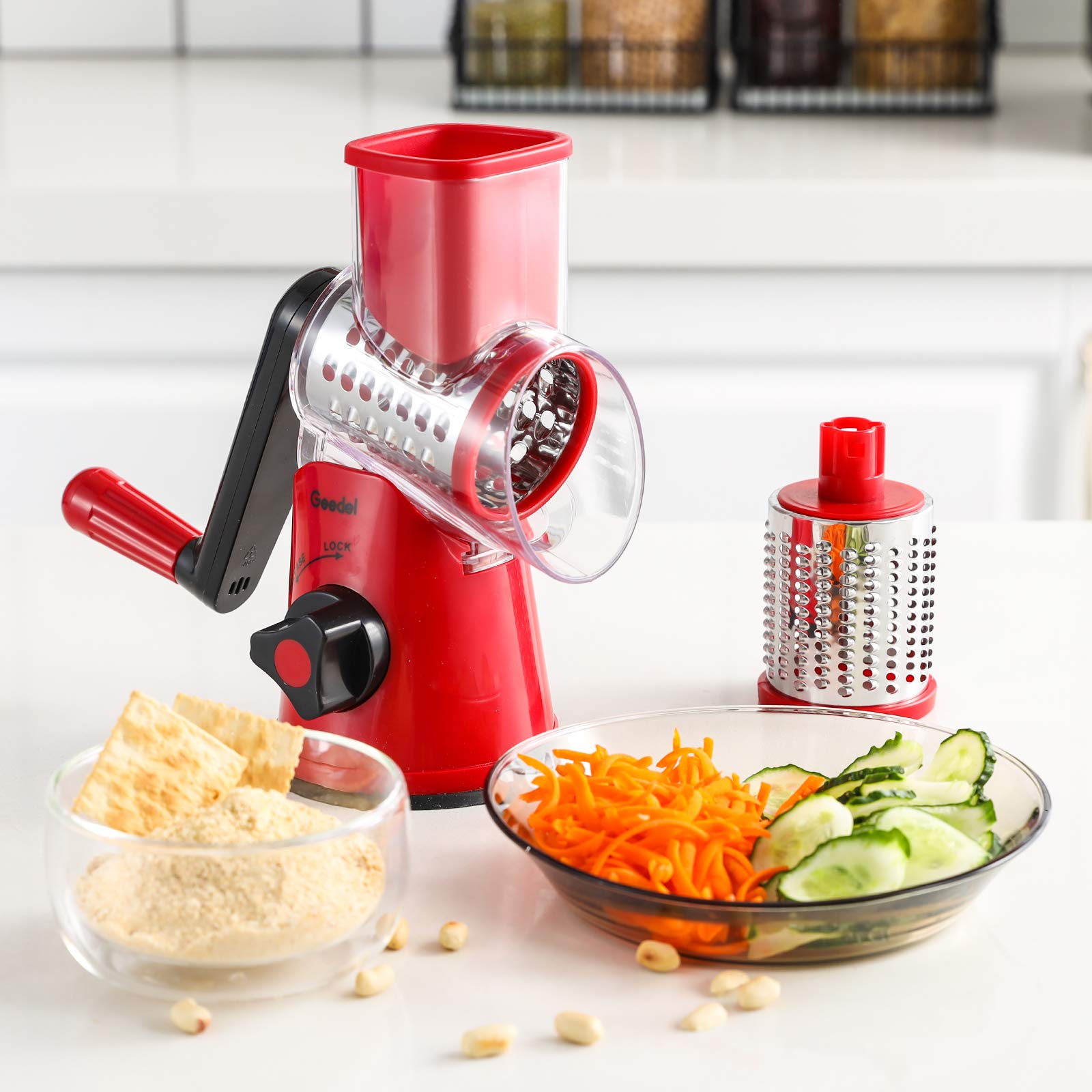 Geedel Rotary Cheese Grater, Kitchen Mandoline Vegetable Slicer with 3 Interchangeable Blades, Easy to Clean Rotary Grater Slicer for Fruit, Vegetables, Nuts