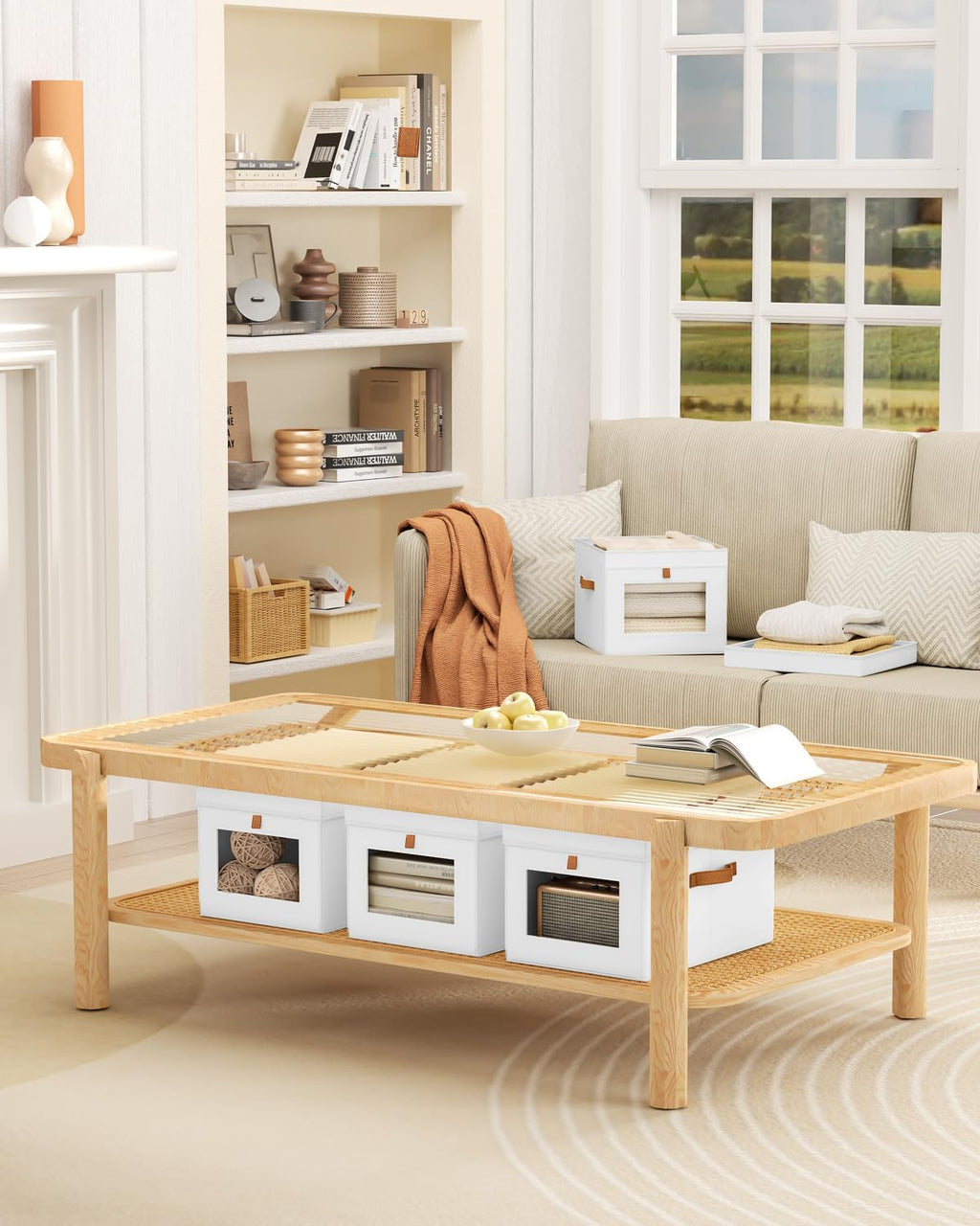 Homsorout Collapsible Storage Bins with Lids - Beige & White, Stackable Storage Containers with Window, Fabric Organizing Bins for Closet, Home & Office Organization Baskets