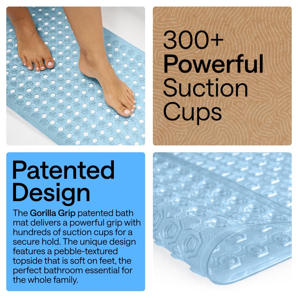 GORILLA GRIP Patented Bath Tub Shower Mat, Machine Washable Bathtub Floor Liner Mats, Suction Cups and Drain Holes to Keep Tubs Clean, Soft on Feet, Bathroom Essentials, 35x16 Inch, Clear
