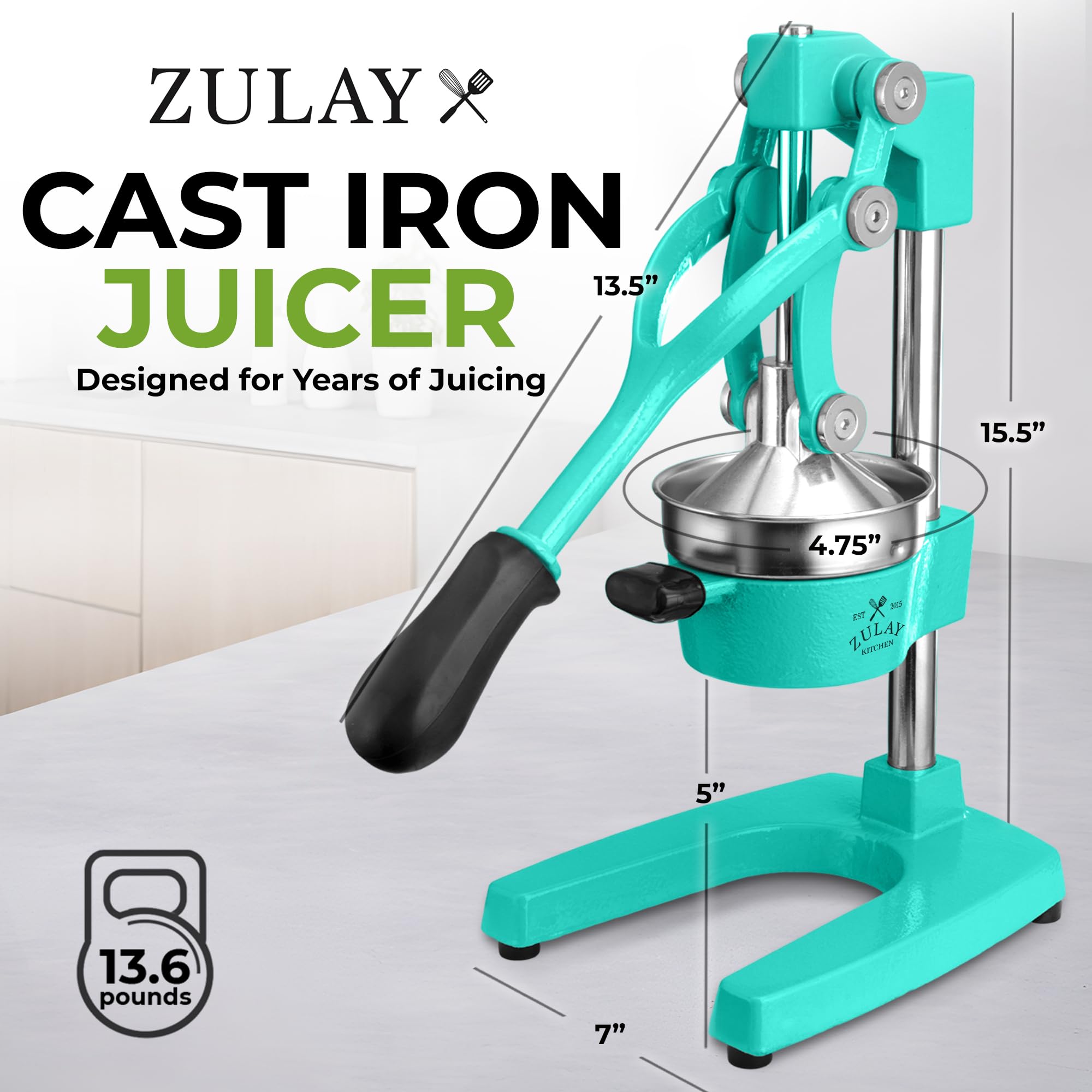 Zulay Kitchen Cast Iron Juicer - Easy-to-Clean Heavy-Duty Manual Juicer, Professional Citrus Juicer - Stainless Steel Lemon Squeezer - Manual Citrus Press & Orange Squeezer - Orange Juicer (Black)