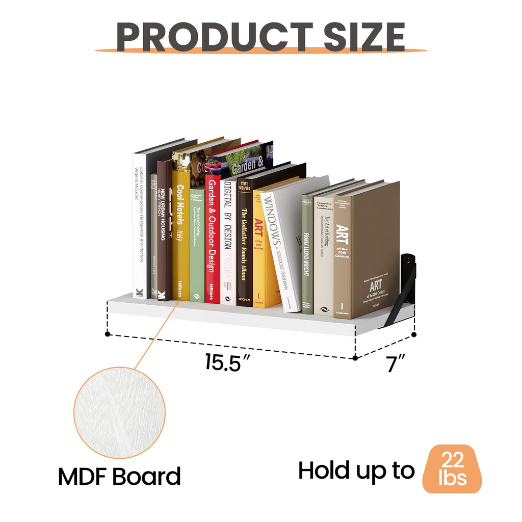 upsimples Floating Book Shelves for Wall, 15.7 Inches Wood Shelves for Living Room, Bathroom, Bedroom, Kitchen Storage and Decoration, White