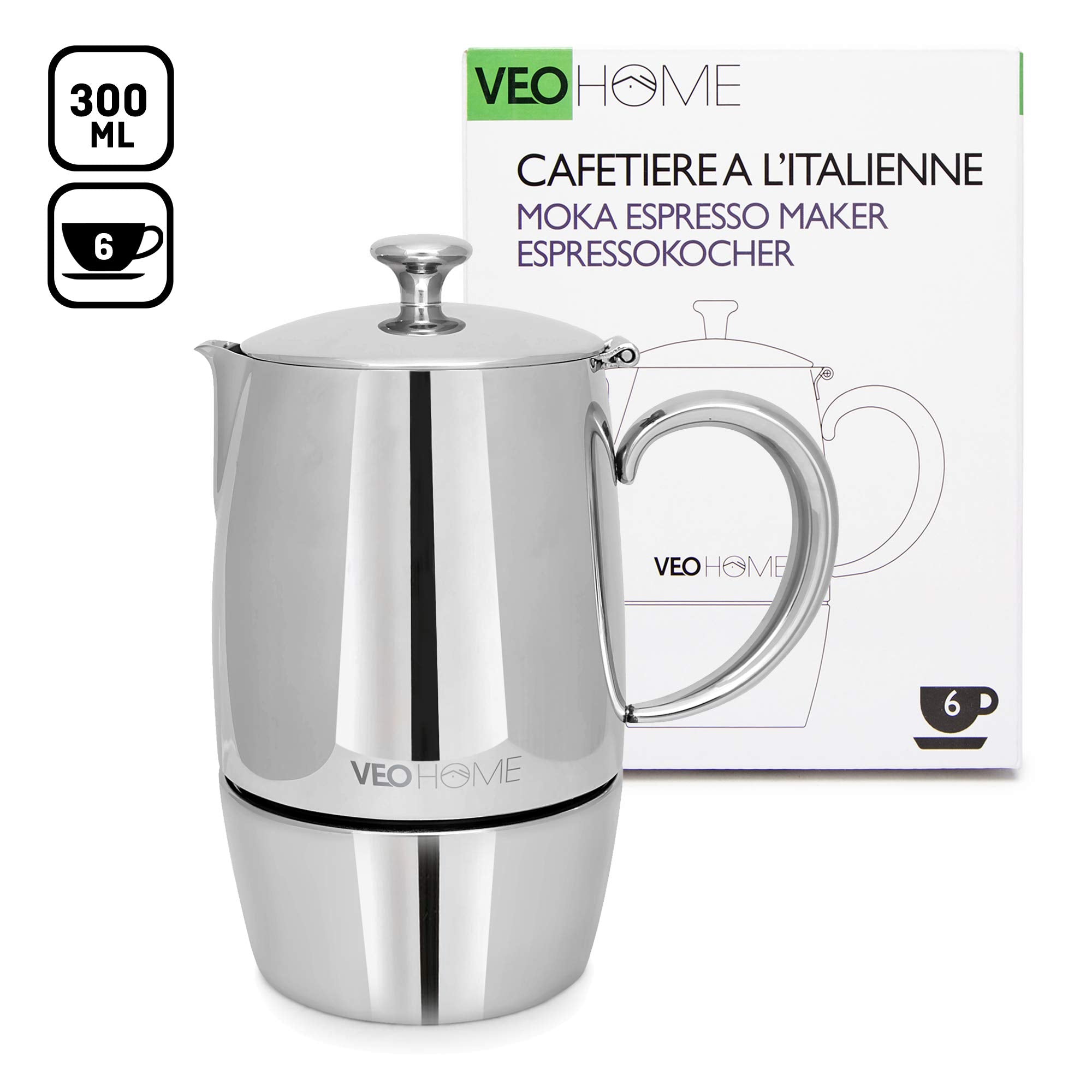 VeoHome Stovetop Espresso Coffee Maker - l Multi-Stove Stainless Steel Induction Moka Pot (300 mL)