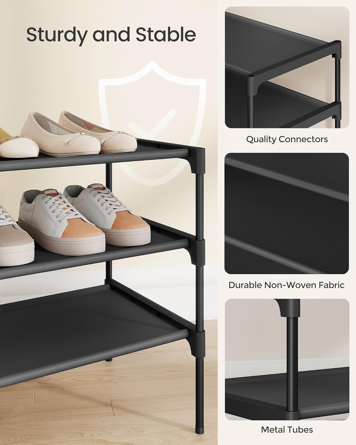 SONGMICS Shoe Rack, 3-Tier Shoe Storage Organizer, Space-Saving, 11.7 x 24.5 x 21 Inches, Entryway, Metal Frame, Non-Woven Fabric Shelves, Ink Black ULSH023BH01
