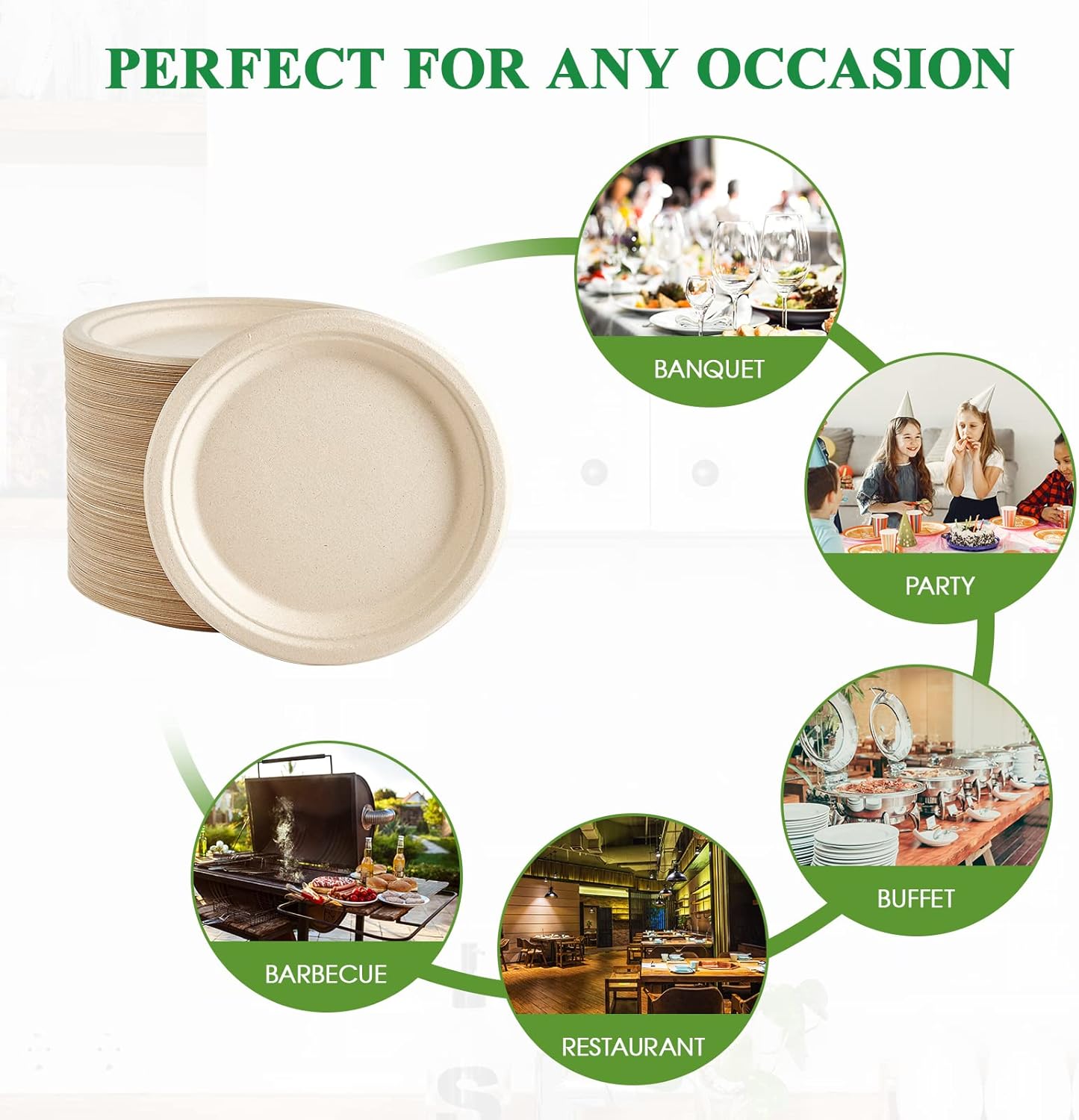 Vplus 500 Pack Paper Plates 9 inch 100% Compostable, Heavy-Duty Disposable Paper Plates Bagasse Natural Biodegradable Eco-Friendly Sugarcane（Nature）