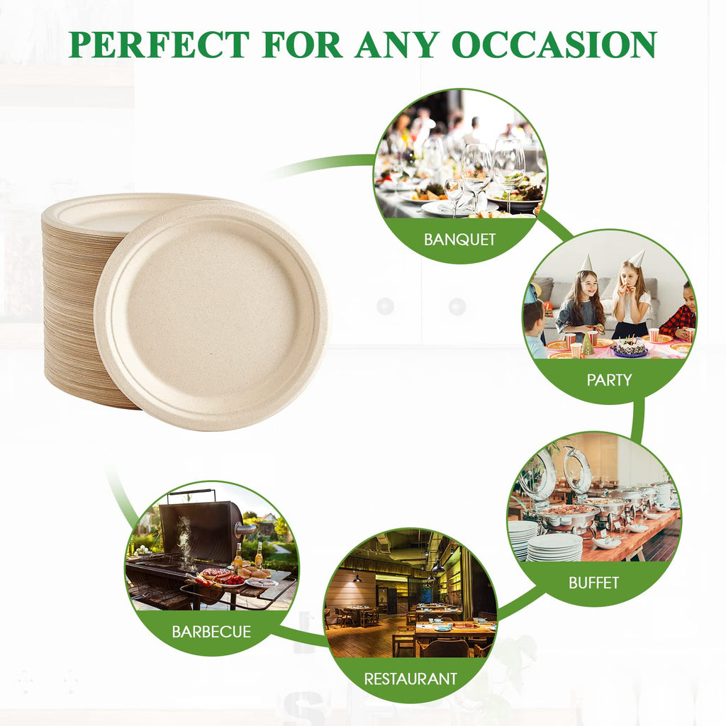 Vplus 200 Pack Paper Plates 7 inch 100% Compostable, Heavy-Duty Disposable Paper Plates Bagasse Natural Biodegradable Eco-Friendly Sugarcane