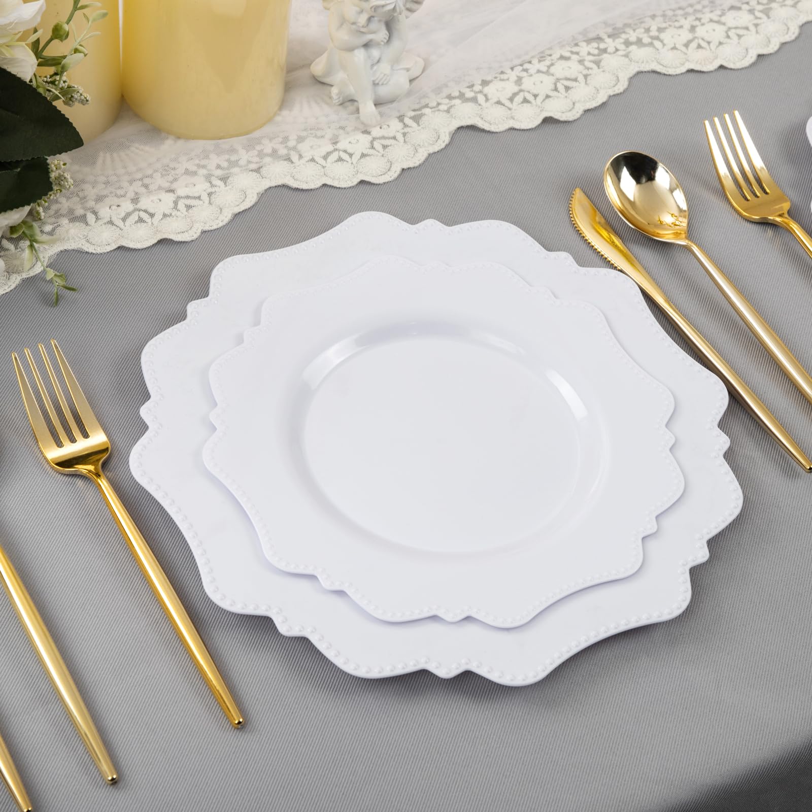 COLOSUS 60PCS White Plastic Plates for 30 guests-Fancy Plastic Beaded Plates,Plastic Plates for Party, Elegant White plates,Include 30 PCS 10.5" Dinner plates & 30PCS 8.25" Dessert plates for easter