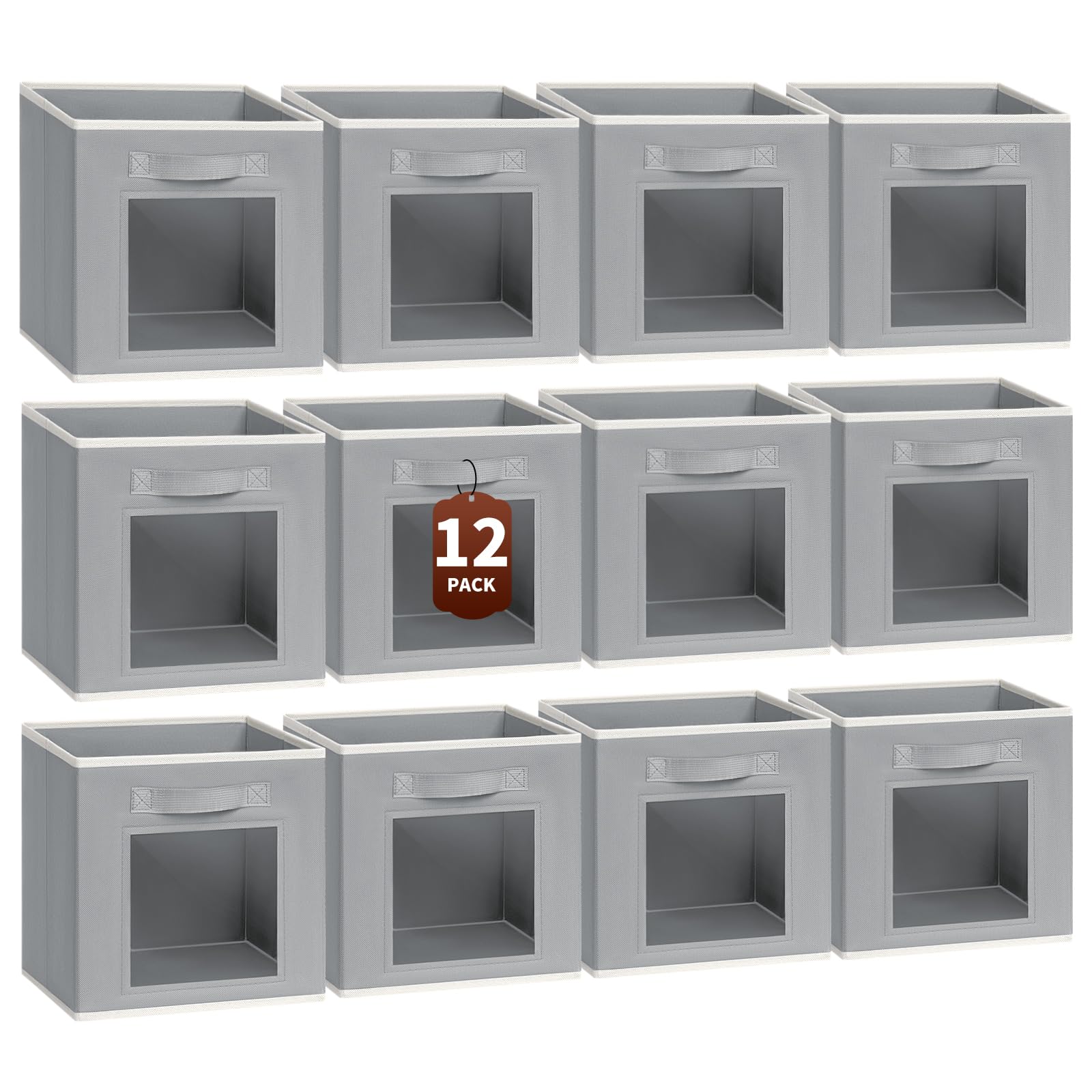 Homsorout Storage Cube 11 Inch - Cube Storage Bins with Window, Closet Storage Baskets with Handle, Fabric Bins for Closet, Shelves, Toys, Clothes, Set of 6, Grey