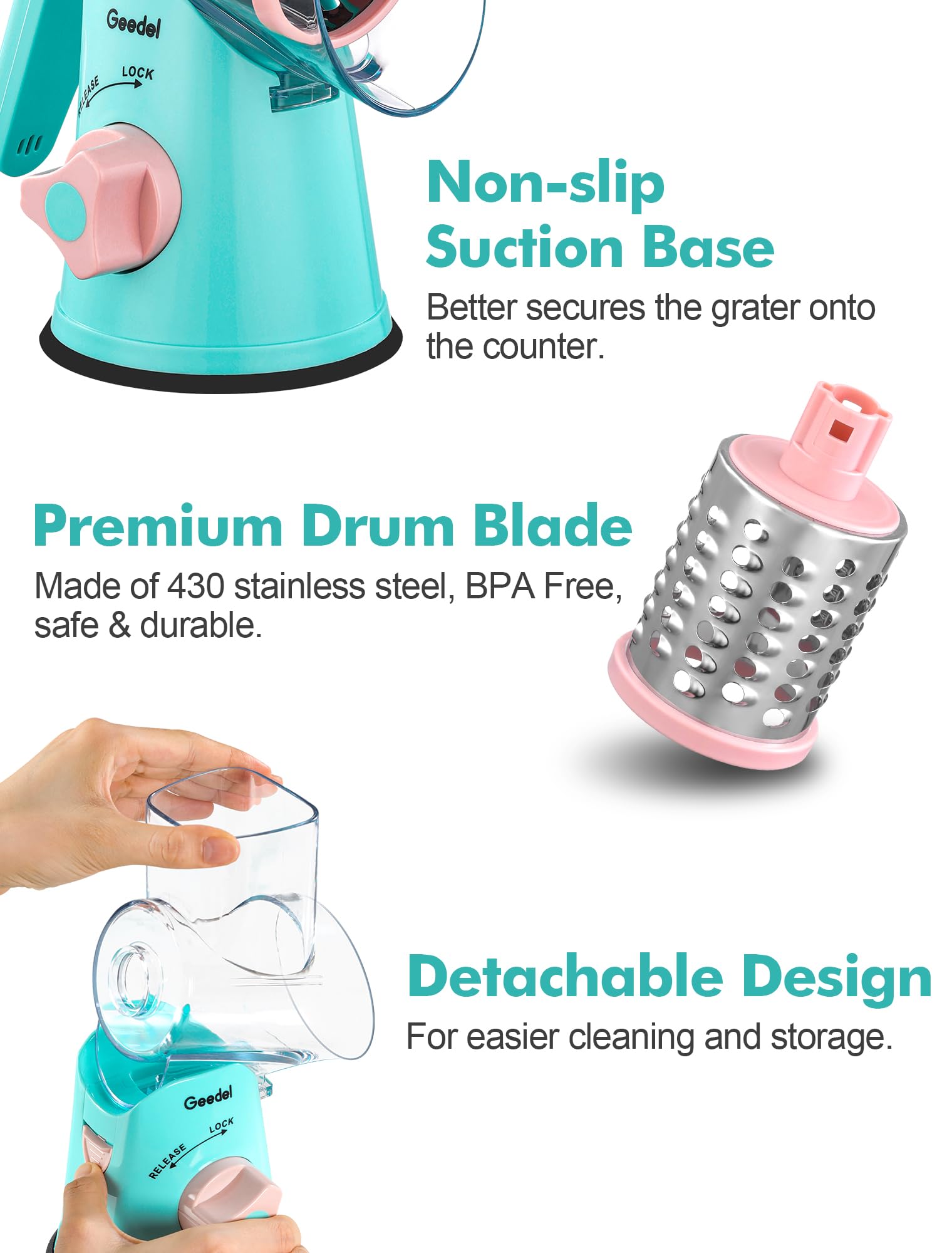 Geedel Rotary Cheese Grater, Kitchen Mandoline Vegetable Slicer with 3 Interchangeable Blades, Easy to Clean Rotary Grater Slicer for Fruit, Vegetables, Nuts