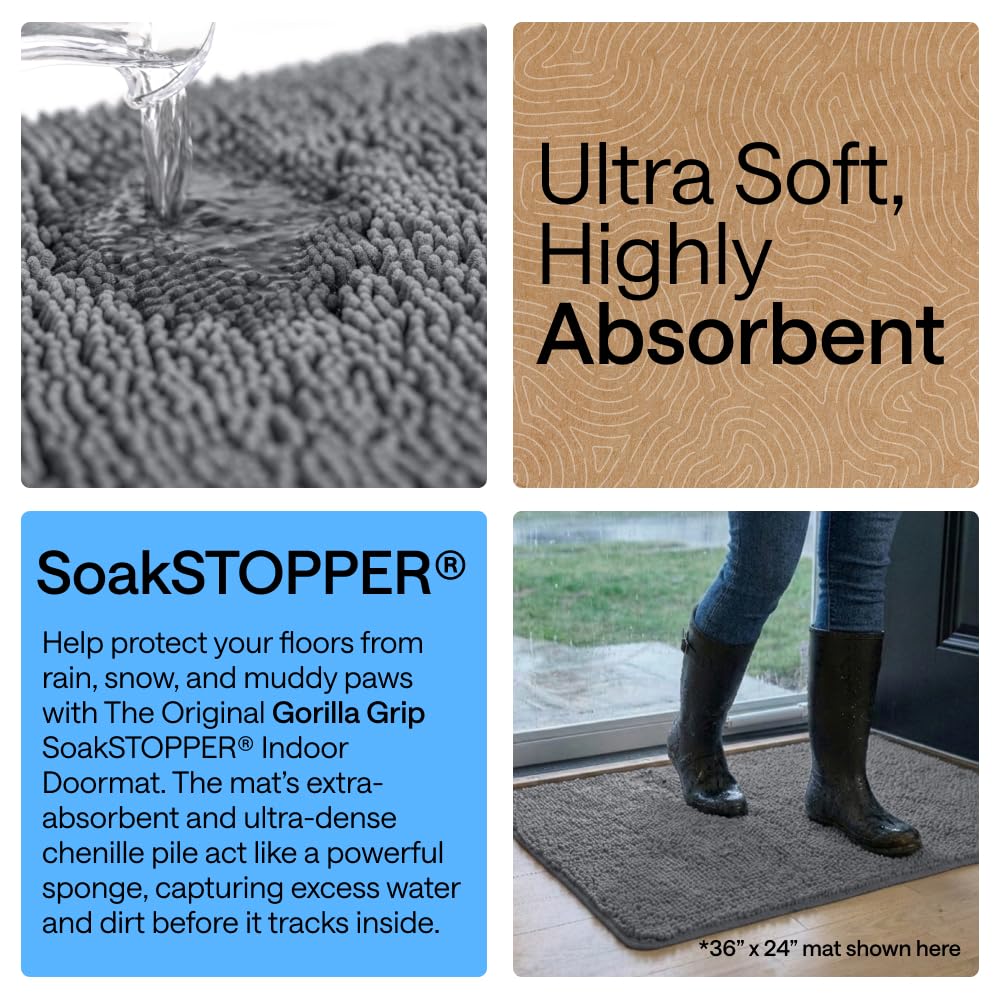 GORILLA GRIP SoakSTOPPER Dog Door Mat, Machine Washable Rug Absorbent Doormat Captures Moisture Mud Dirt, Quick Dry Soft Chenille Entryway Rugs Indoor Entrance Mats for Dog Paws, 24x17 Grey