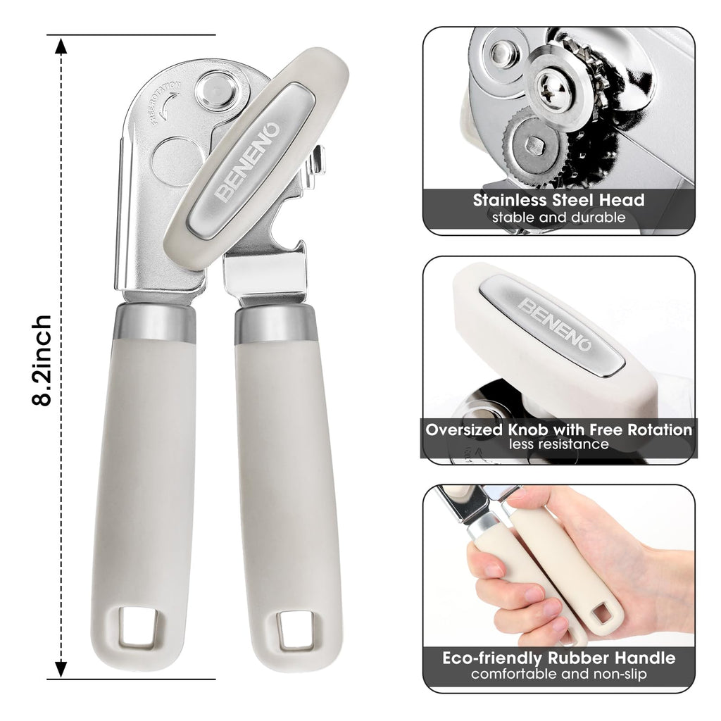 Beneno Heavy Duty Hand Can Opener Manual with Magnet, Durable Sharp Carbon Steel Blade Smooth Cutting, Big Effort-Saving Knob & Soft Grip Handle, Multifunctional Kitchen Tool with Bottle Opener, Green