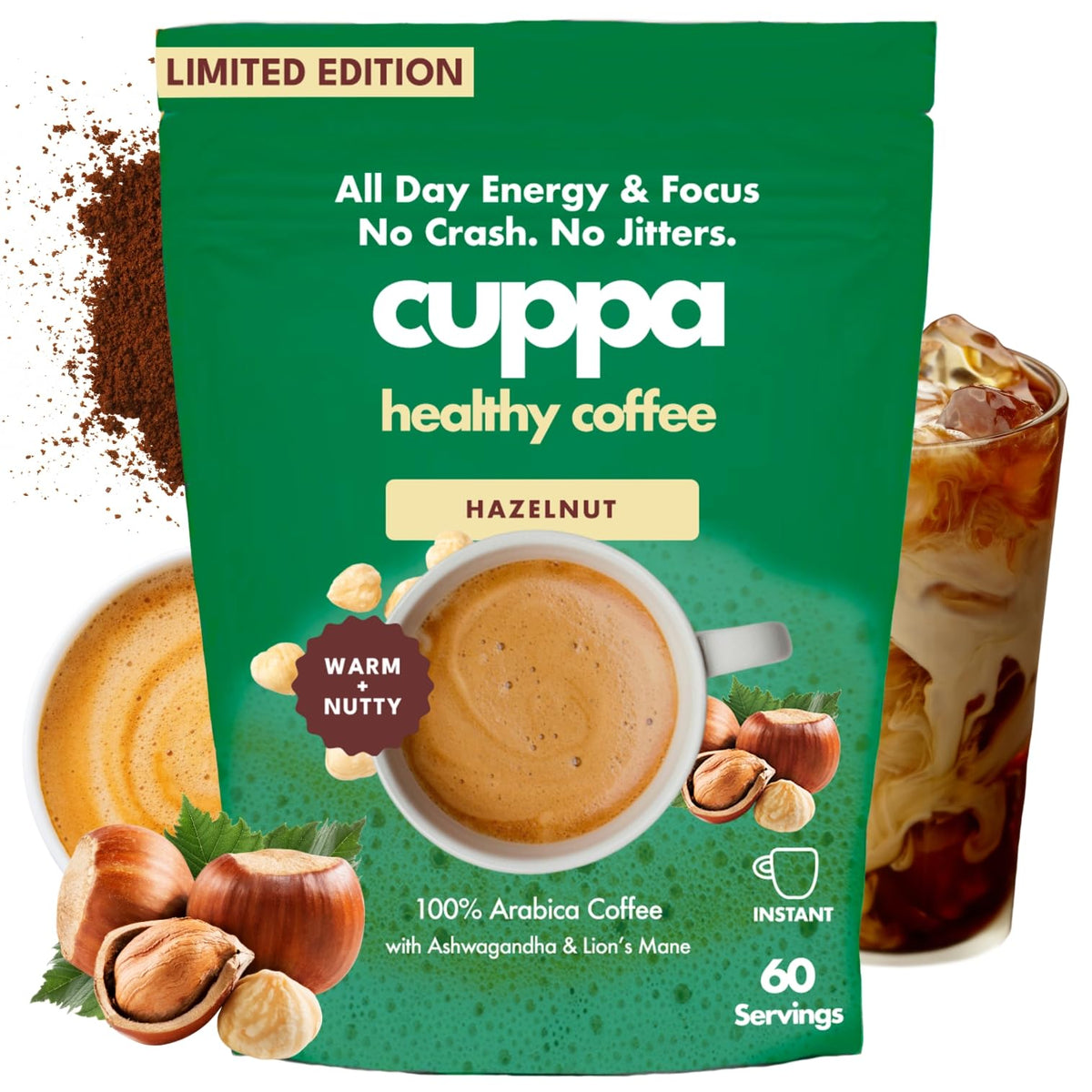 Cuppa Medium Roast Mushroom Coffee with Adaptogens & Superfoods - Lion’s Mane, Ashwagandha & Cordyceps. Adaptogens + MCT to support natural energy, mental focus & gut health (30 Servings)