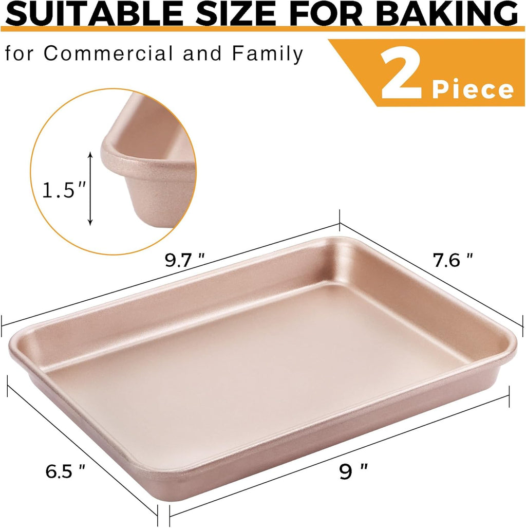 HONGBAKE 2 Pack 9.7"X7.6" Small Cookie Sheet, 57% Thicker Nonstick 1/8 Toaster Oven Pans, Heavy Duty Cookie Sheet Pan Set, Baking Sheet, Rose Gold