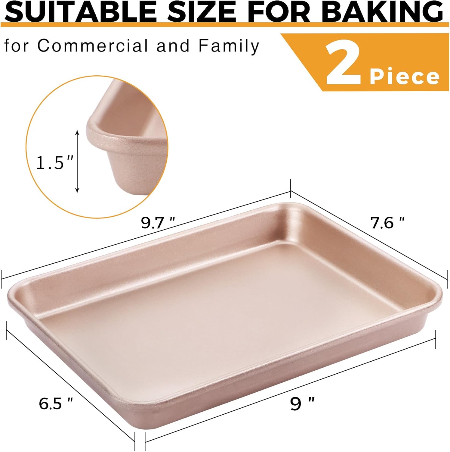 HONGBAKE 2 Pack 9.7"X7.6" Small Cookie Sheet, 57% Thicker Nonstick 1/8 Toaster Oven Pans, Heavy Duty Cookie Sheet Pan Set, Baking Sheet, Rose Gold