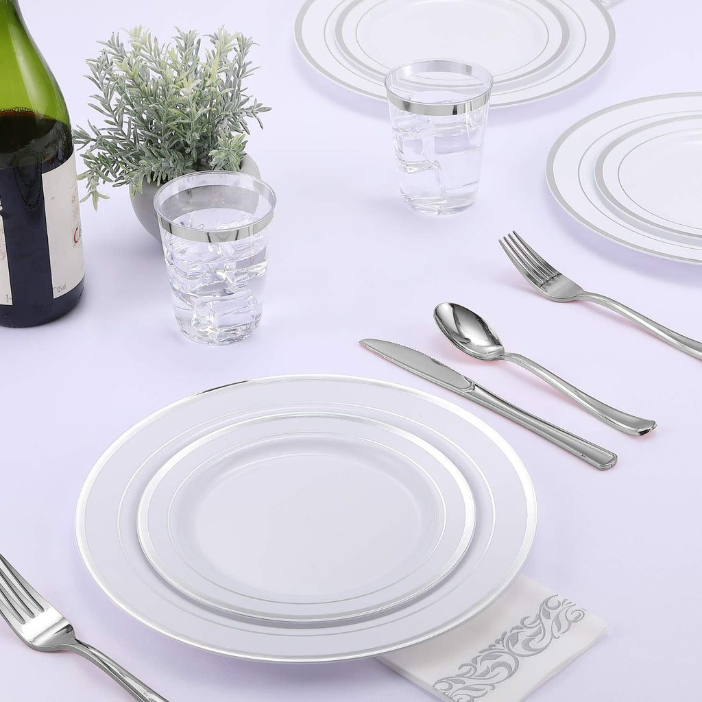 FOCUSLINE 350 Ct Disposable Dinnerware Set for 50 Guests -Heavy Duty Plastic Plates with Gold Rim, Includes 50 Dinner & Salad Plates, Cups, Napkins, Cutlery Set