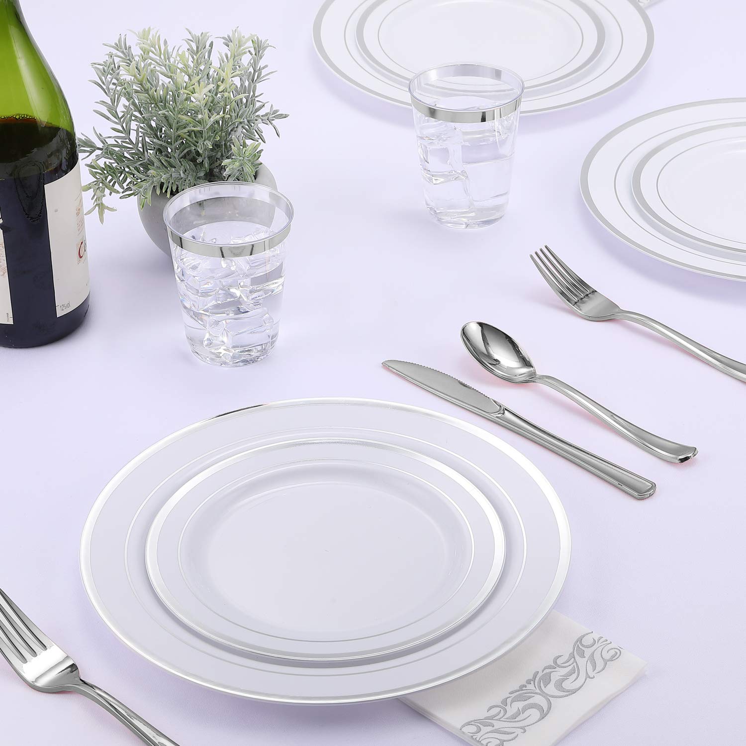 FOCUSLINE 350 Ct Disposable Dinnerware Set for 50 Guests -Heavy Duty Plastic Plates with Gold Rim, Includes 50 Dinner & Salad Plates, Cups, Napkins, Cutlery Set