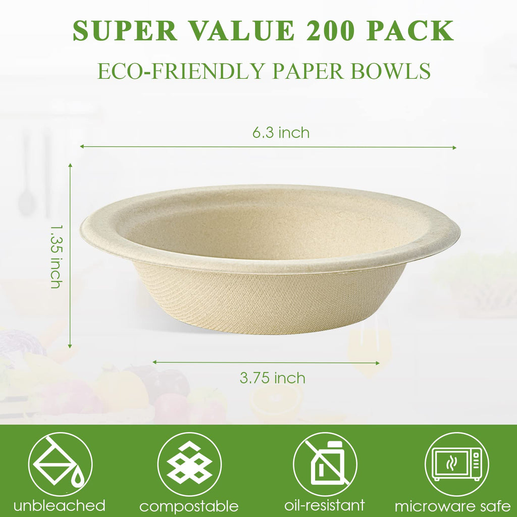 Vplus 200 Pack 12 OZ Paper Bowls, Disposable Compostable Bulk, Eco-friendly Bagasse, Heavy-duty Bowls Perfect for Milk Cereals, Snacks, Salads