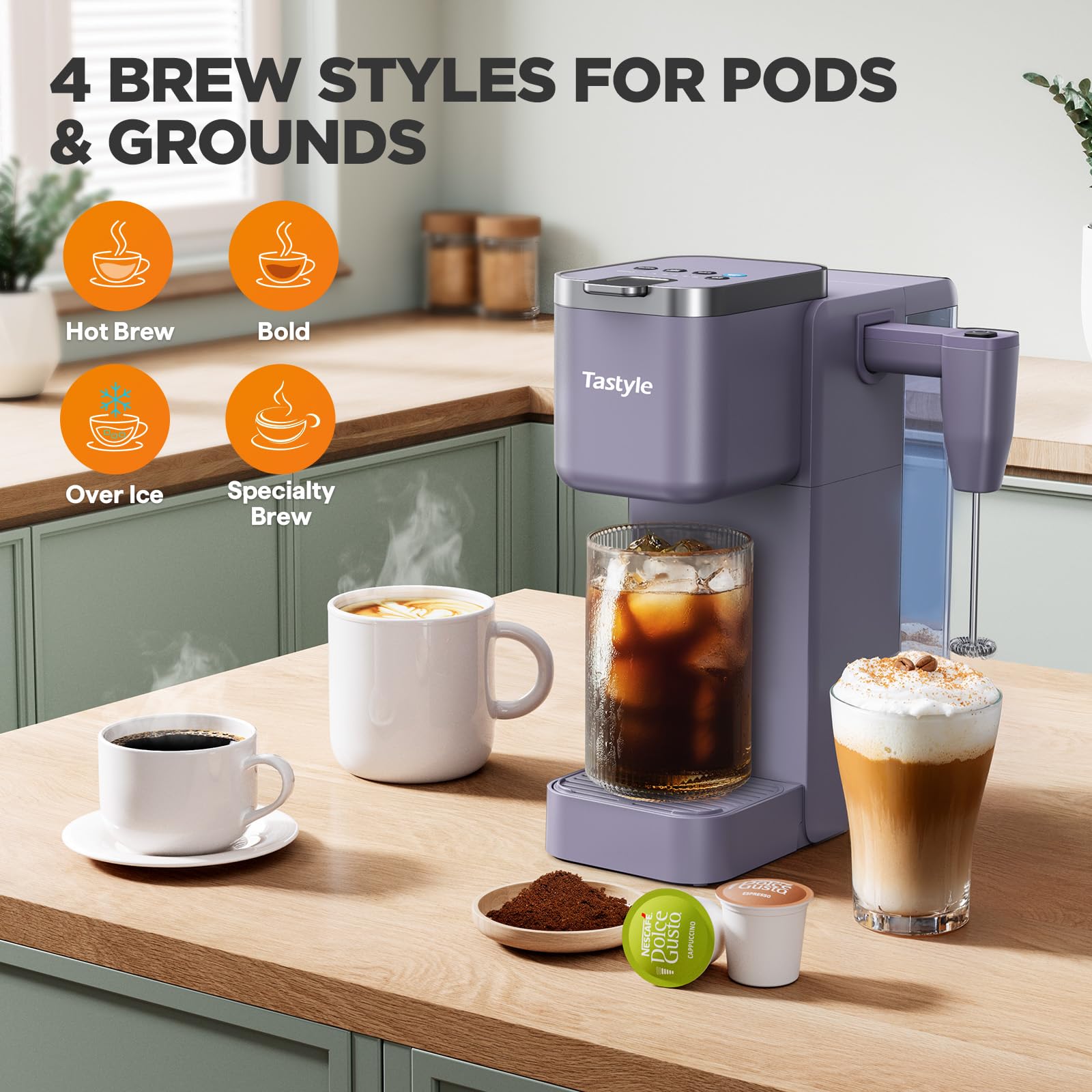 Tastyle 330MF Single Serve Coffee Maker with Built-in Detachable Milk Frother, Iced and Hot Coffee Machine for K Cup & Grounds, 40oz Removable Water Reservoir, 6 Cup Sizes, Fits 7.3" Travel Mug, Black