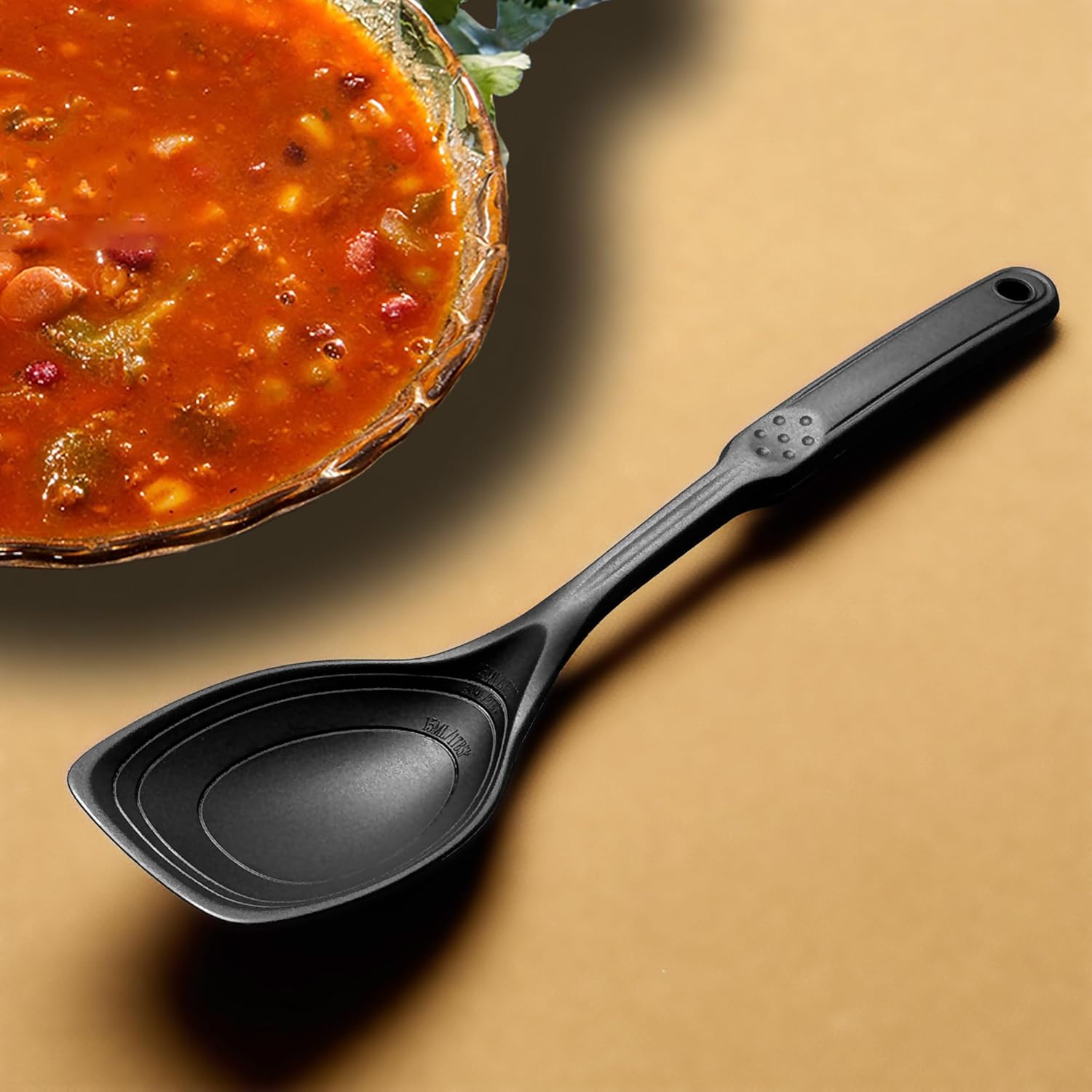 Large Silicone Cooking Spoon, Non-Stick Solid Spoon set with Deep Bolw and Measurement Mark for Mixing, Serving, Draining, Scooping, Scraping, Heat Resistant Kitchen Utensils, Black