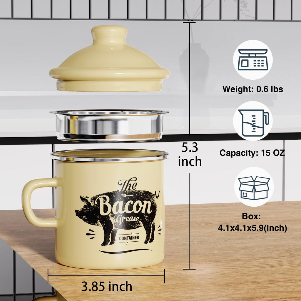 PGYARD Mini Bacon Grease Container With Strainer - 15OZ Enamel Grease Saver, Farmhouse Bacon Grease Keeper For Kitchen Fat Storage, Dishwasher Safe-Red